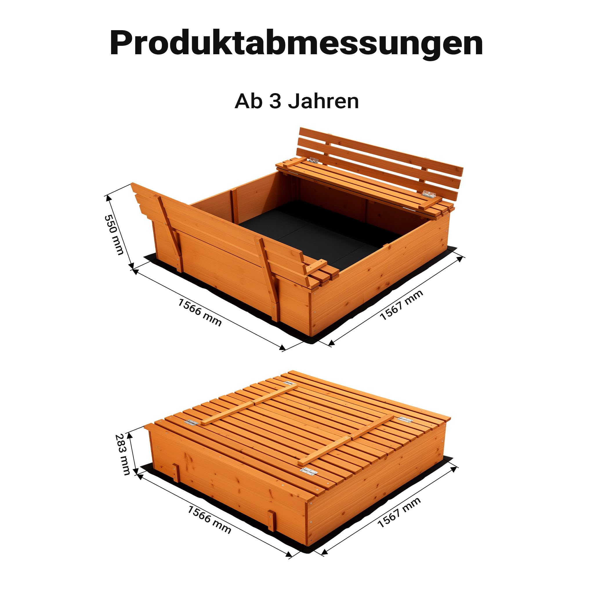Sandkasten mit Deckel 2 Sitzbänke 98 x 98 x 21 cm, Sandkiste aus Holz mit klappbaren Bänken, Sandkasten mit Abdeckung, Sandbox mit Vliesboden