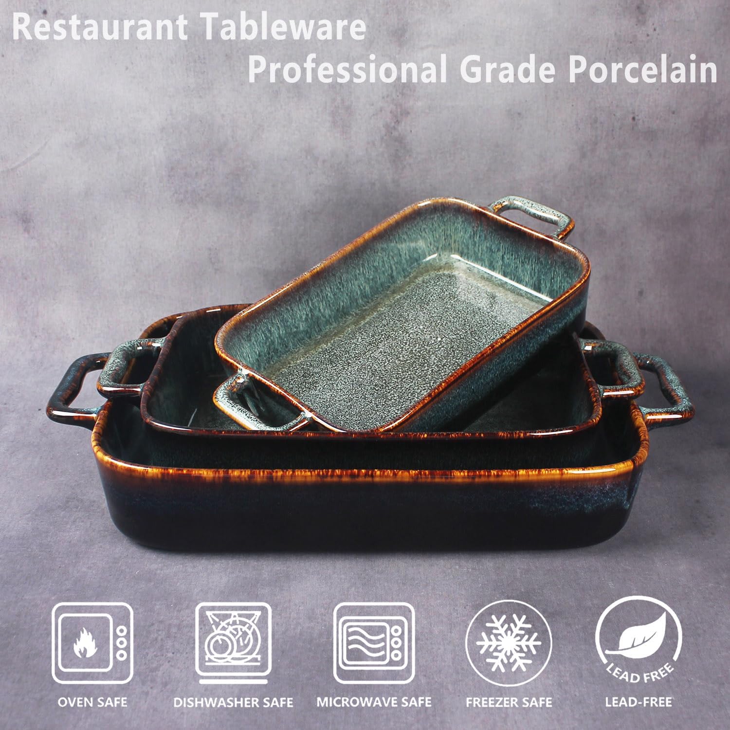 Baking Dish Ceramic Baking Dish、Rectangular Baking Pans Set、Double handles Suitable for lasagna、Baking、Oven 12.8IN、10.8IN、8.9IN Reactive Glaze 3-Piece