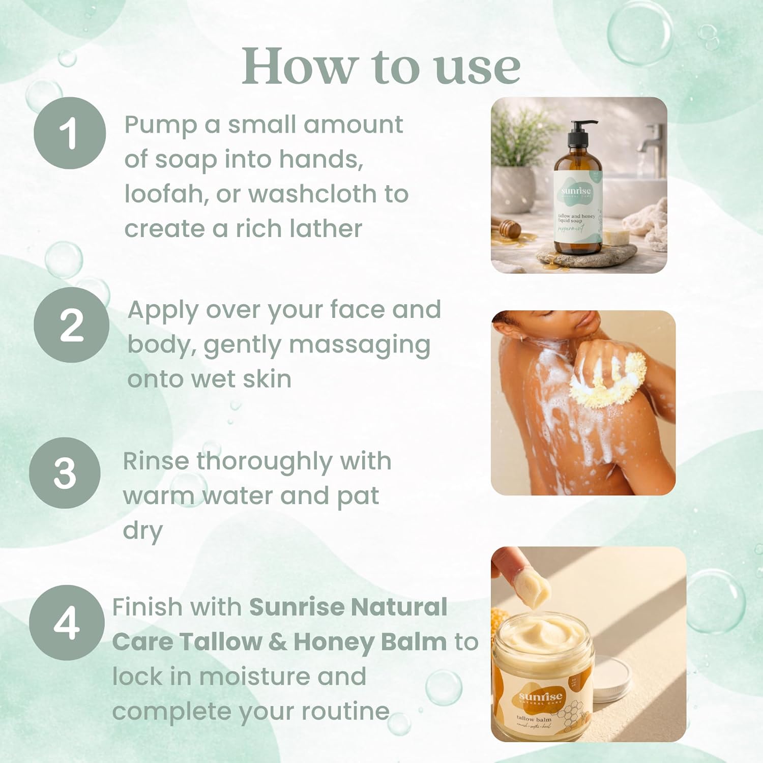 Tallow & Honey Liquid Soap – Peppermint – Natural Face, Body & Hand Wash – Grass-Fed Beef Tallow Cleanser – Gentle Moisturizing Soap – 16 oz