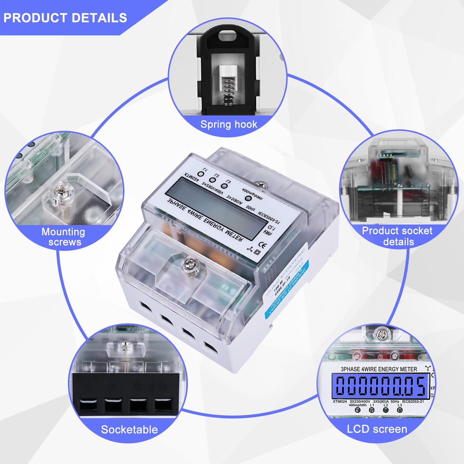 Cyfrowy licznik prądu – licznik prądu 3-fazowy, 4-przewodowy licznik elektryczności, 3 x 230/400 V 5 (80) A, miernik energii, skalibrowany licznik prądu do szyny montażowej DIN, licznik pośredni prądu