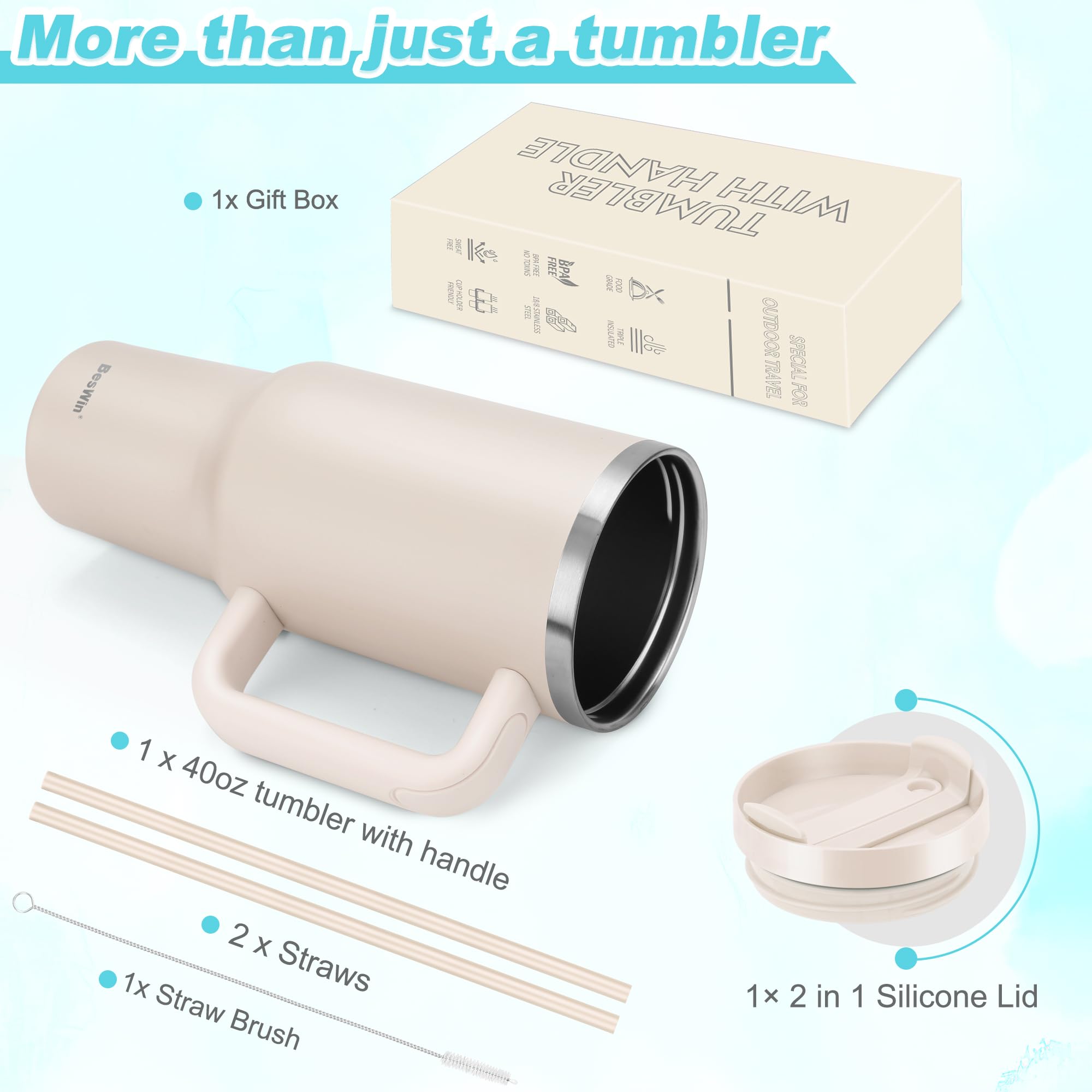 40 oz Tumbler with Handle and Straw, Vacuum Insulated Stainless Steel Double Wall Water Bottle Travel Mug - Image 3
