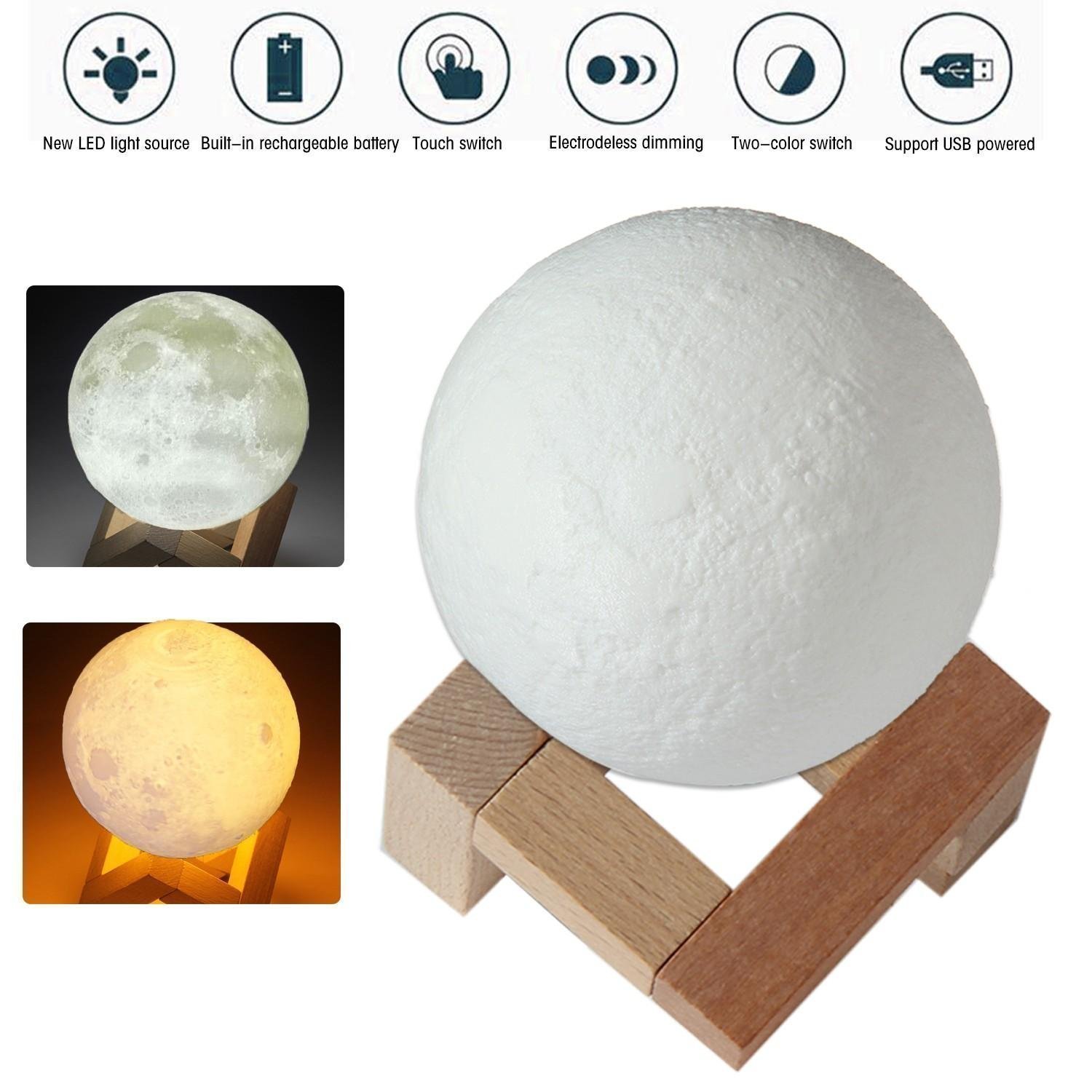 Stampa 3D Luna Lampada Notturna,KINGCOO Ricaricabile Luminosità Giallo Bianco Lampada da Tavolo Regolabile Decorazione Camera per Bambini Compleanno Regalo Natale(7.87 inch/20cm)