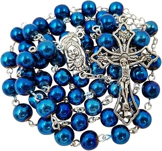 8mm Blue Hematite Beads Catholic Rosary Necklace Virgin Mary Medal Cross Crucifix in Gift Box
