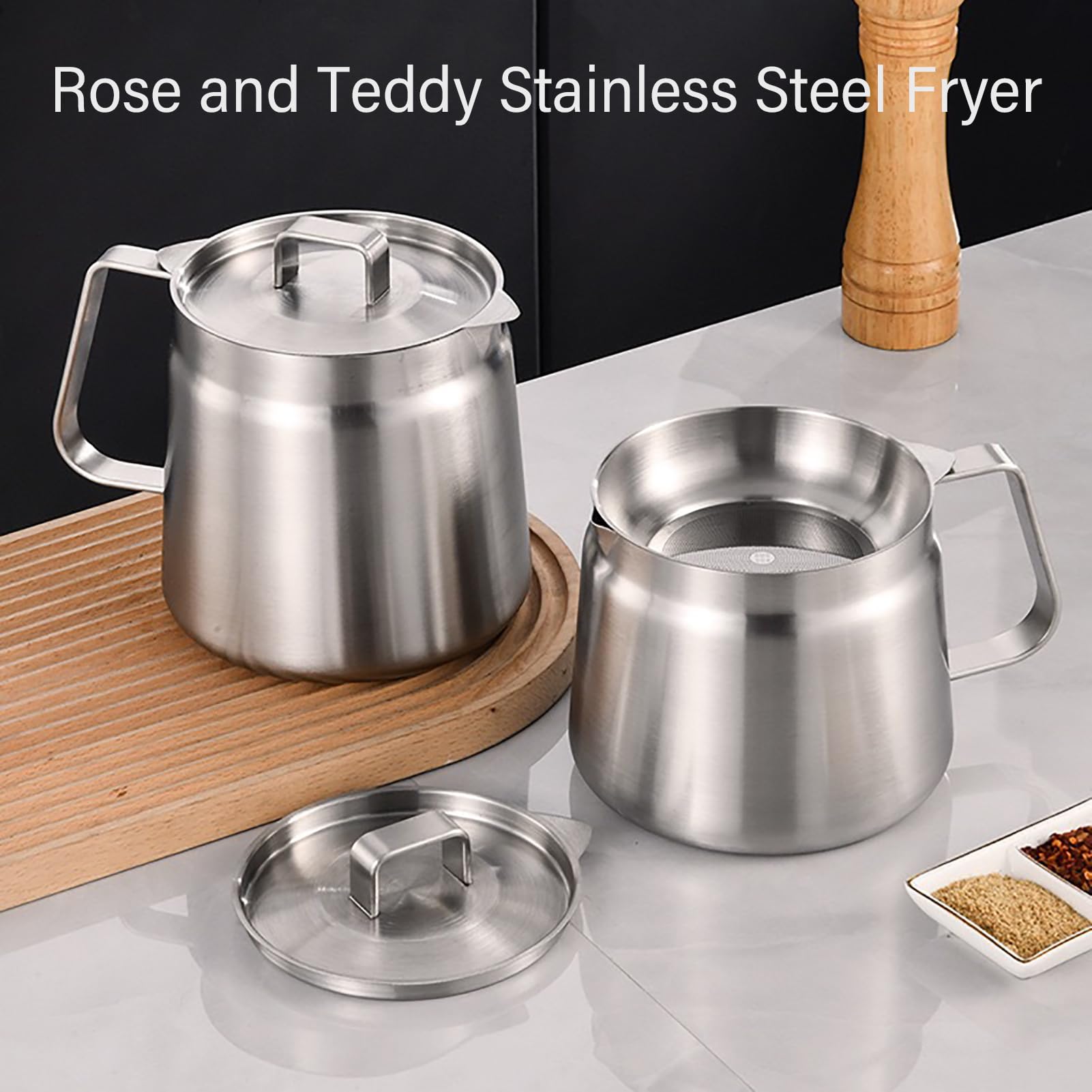 Rose and Teddy - Freidora de acero inoxidable, 2 en 1, freidora de acero inoxidable de 68 onzas con cesta y tapa, recipiente versátil de gran capacidad con filtro de aceite para cocina, almacenamiento