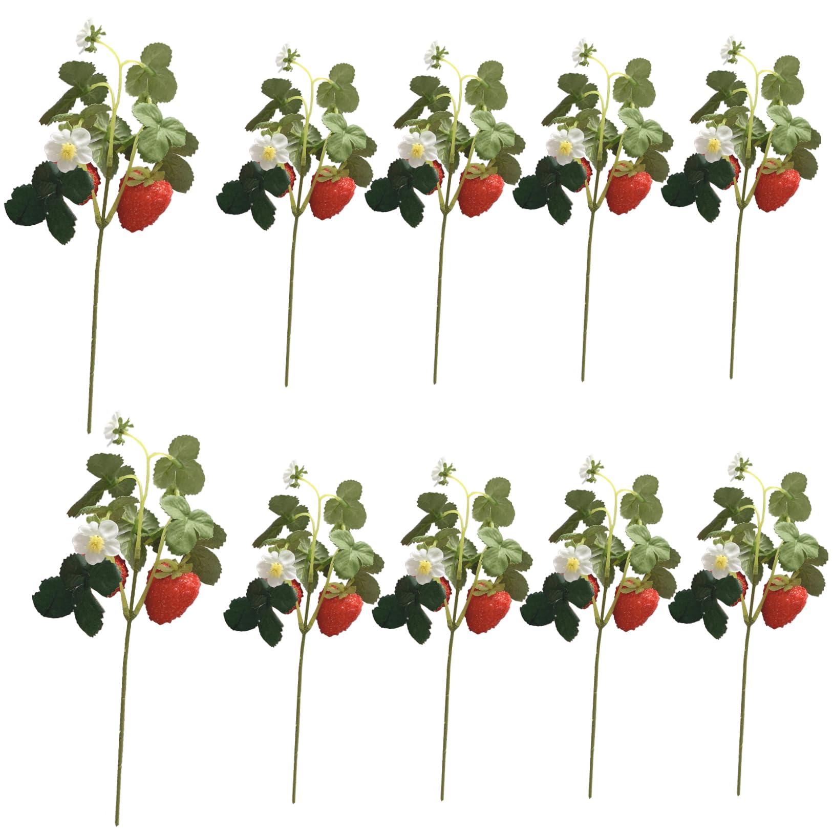 Perodlly Artificial Strawberry Plant 10Pcs 10.24in Simulation DIY Faux Strawberries with Leaves and 2 Heads Decorative Silk Fruit Decor for Home Party Restaurant