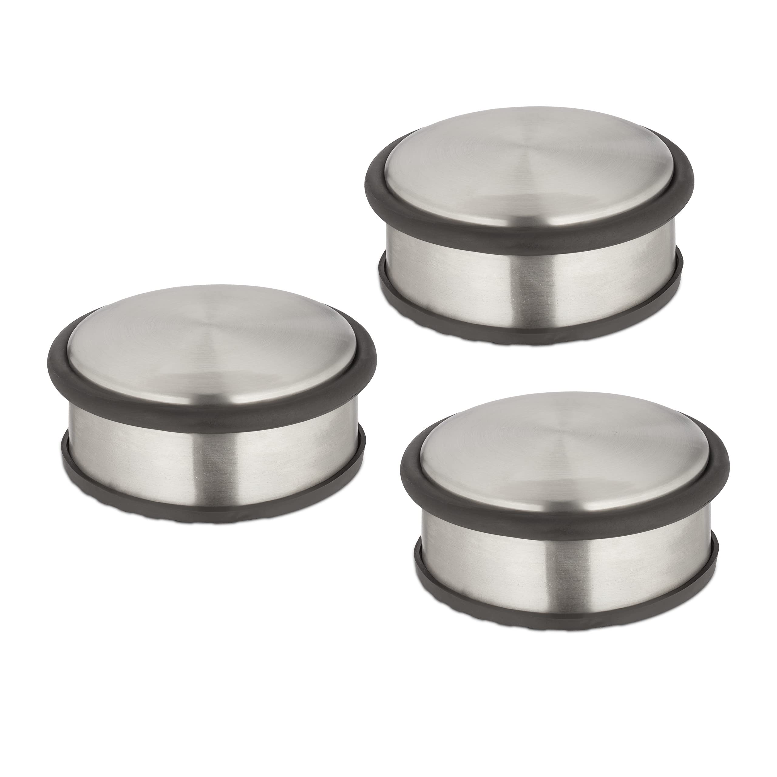 Relaxdays Türstopper 3er Set, HxD 4,5 x 10,5 cm, flach & schwer, rutschfest, Türzuschlagbremse Edelstahl, Silber/schwarz
