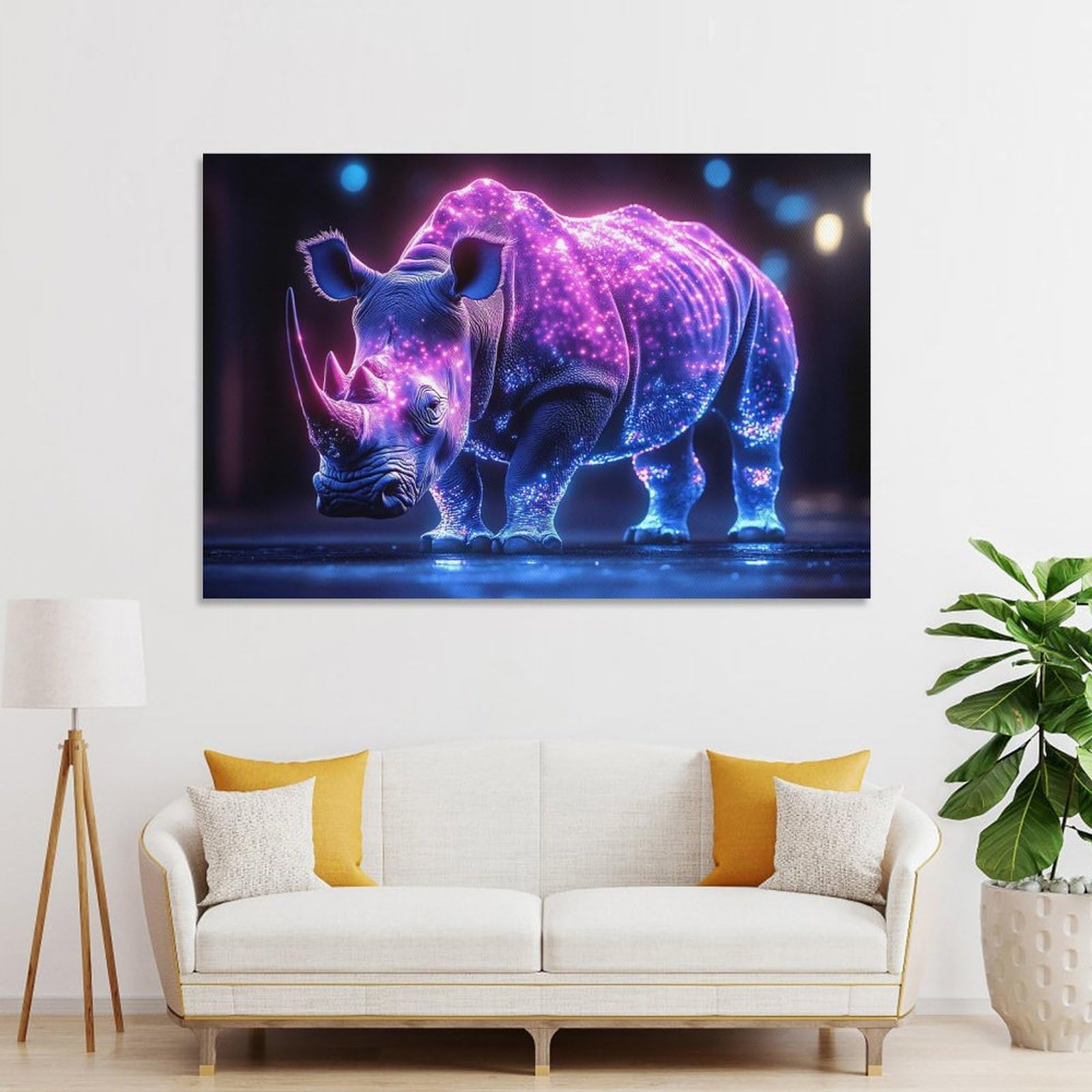 Junmoney Neon Rhino Digital Art Canvas Wall Art 20x30inch(50x75cm), for Wall Displays, Bedrooms Or Room Updates, Ideal for Building A Coordinated Art Wall