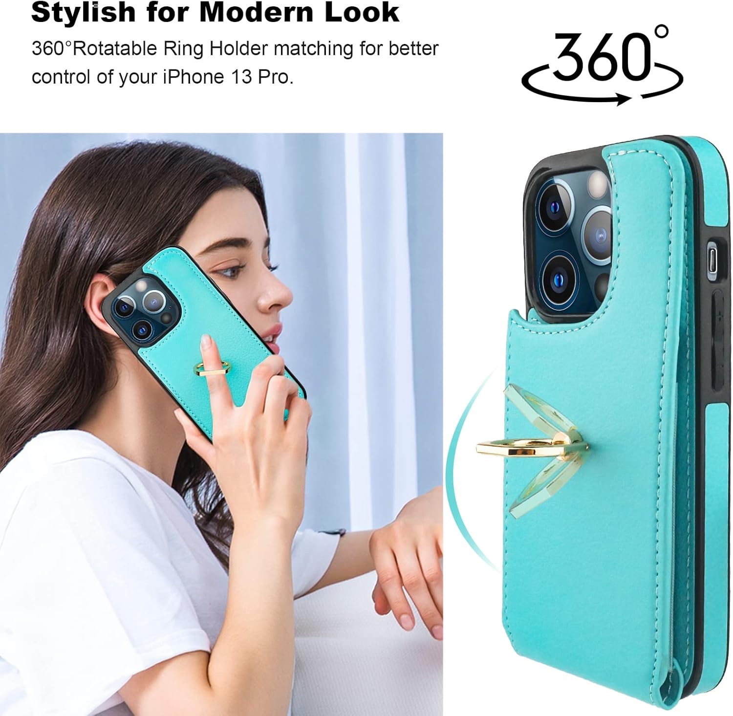 Folosu Compatible with iPhone 13 Pro Case Wallet with Card Holder, 360°Rotation Finger Ring Holder Kickstand Protective RFID Blocking PU Leather Double Buttons Flip Shockproof Cover 6.1 Inch Green - Image 3