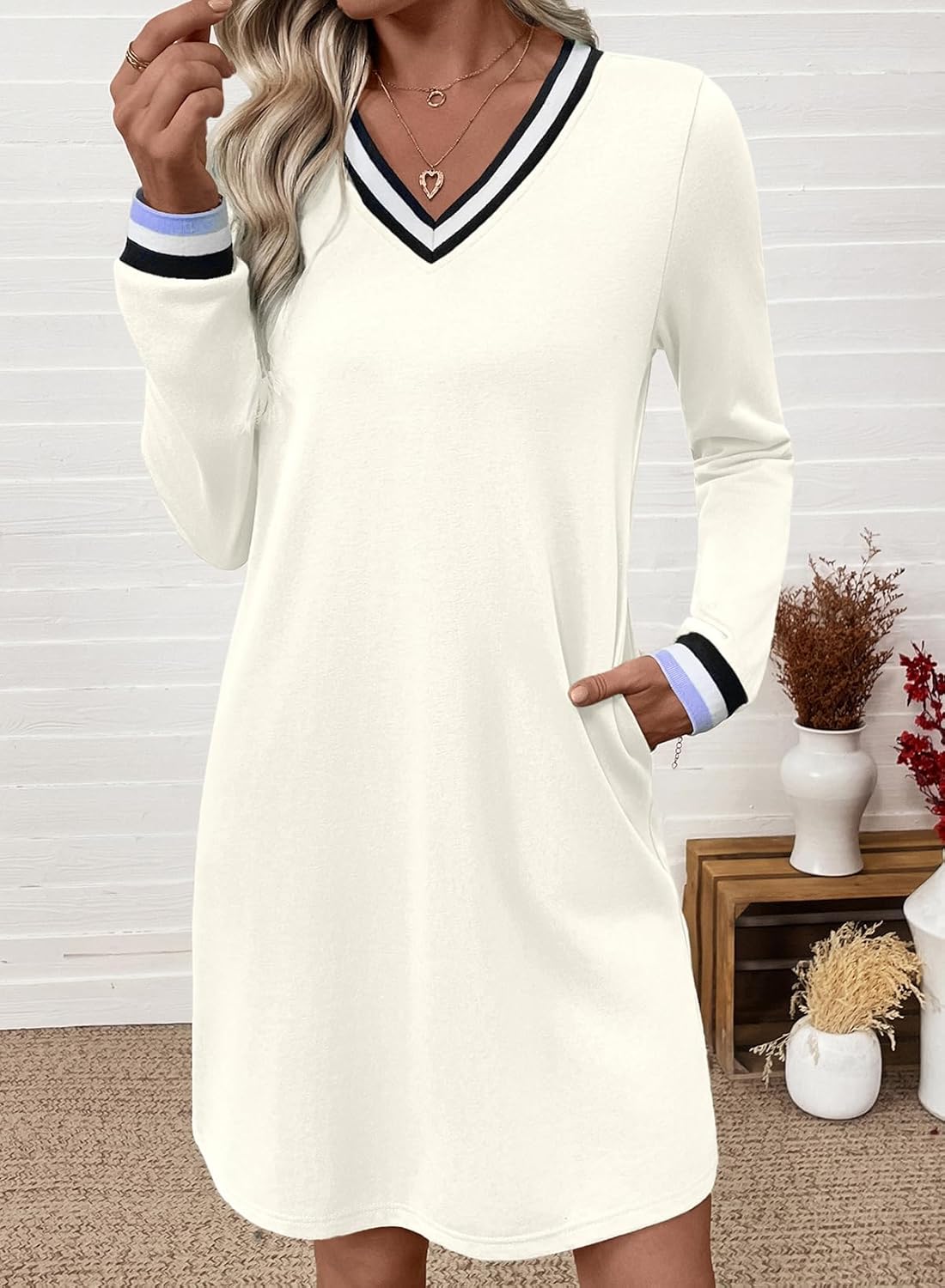 EVALESS Womens Dresses 2026 Spring Fall V Neck Long Sleeve Casual Tshirt Dress Contrast Striped Sweatshirt Dress - Image 3
