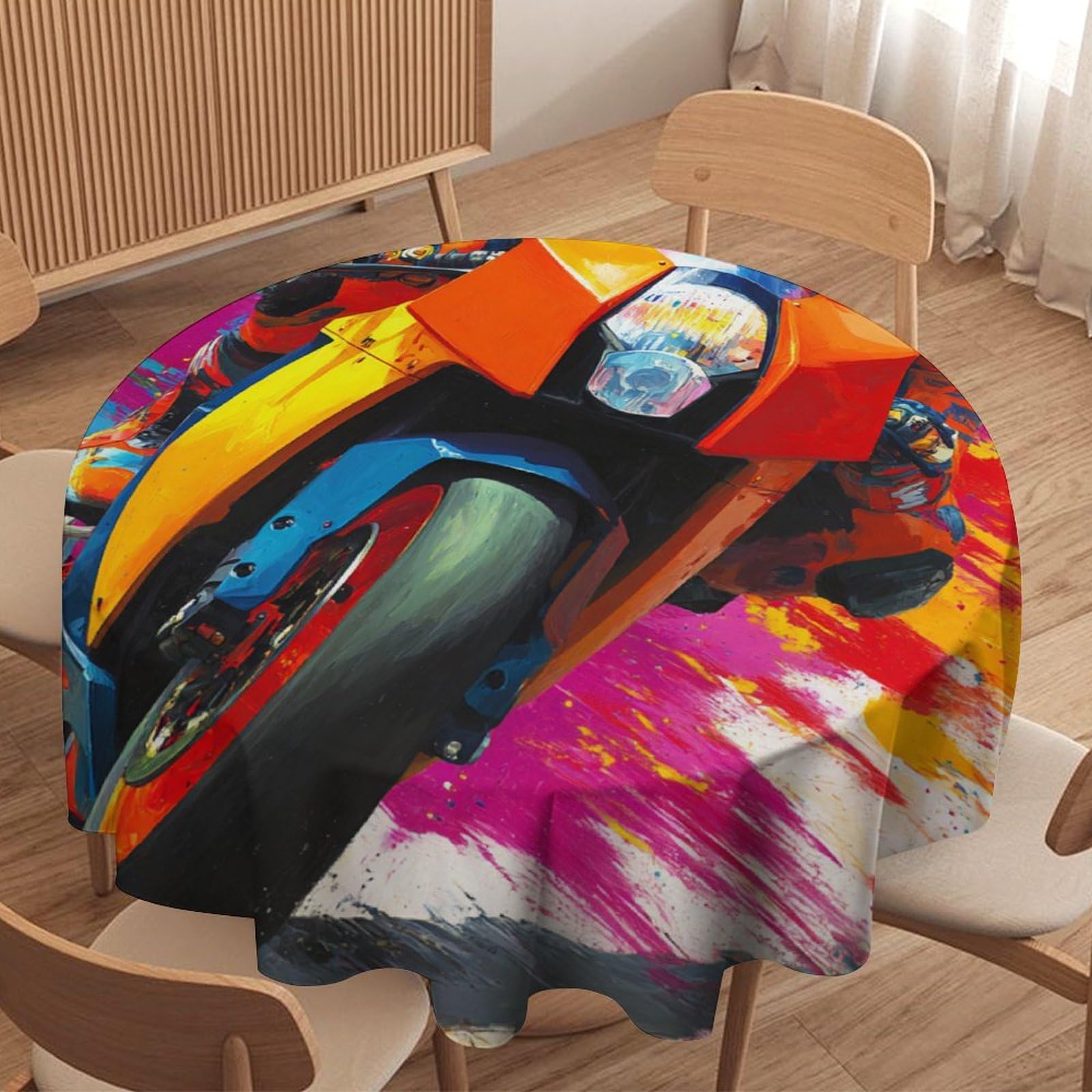 LUYYSKY Beautiful Watercolor Racer Waterproof Round Tablecloth Funny Graffiti Extreme Sports Theme Motorbike Rider Print Washable Table Cover for Kitchen-152.4" Wx152.4 L cm