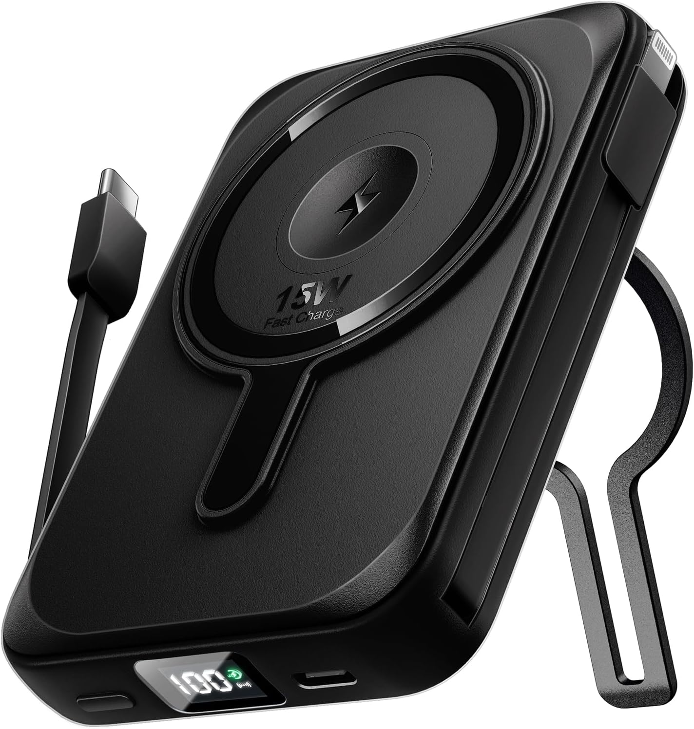 Magnetic Portable Charger, 10000mAh Wireless Power Bank with Stand, 22.5W Fast Charging Battery Pack with Built in Cables, Compatible with iPhone 16 15 14 13 12 Samsung S22 S21 Google iPad ect