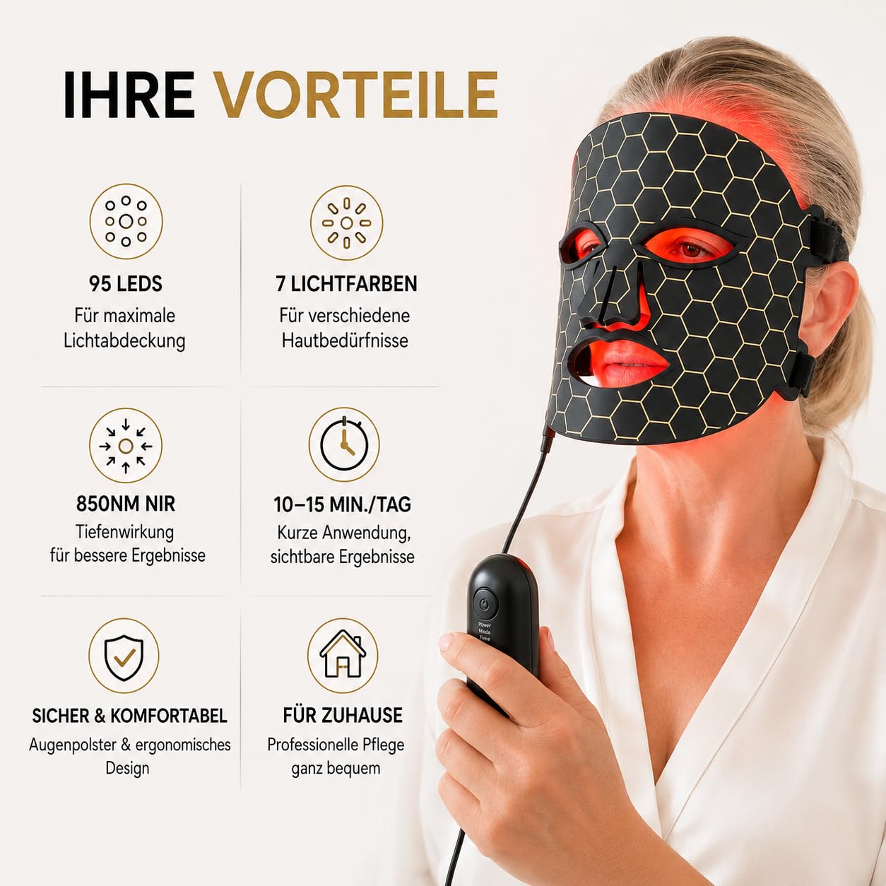 Masque LED pour le visage - 7 couleurs - Masque de luminothérapie pour rajeunir la peau et anti-âge - Photonthérapie professionnelle contre les rides et l'acné - Avec télécommande et protection