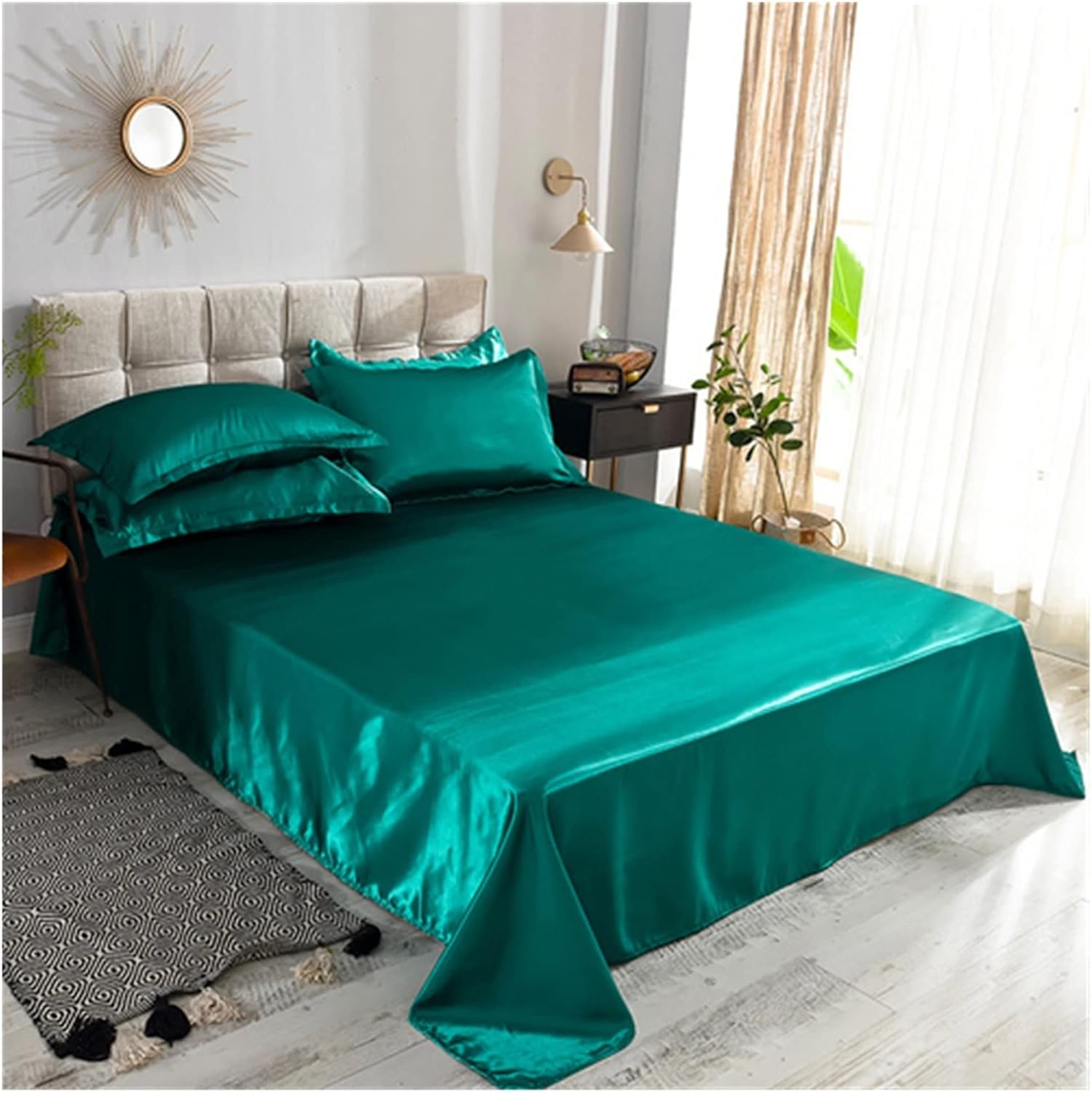Ice Silk Flat Bed Sheet, Plain, Ice Silk, Satin, Bed Linen, Queen Size
