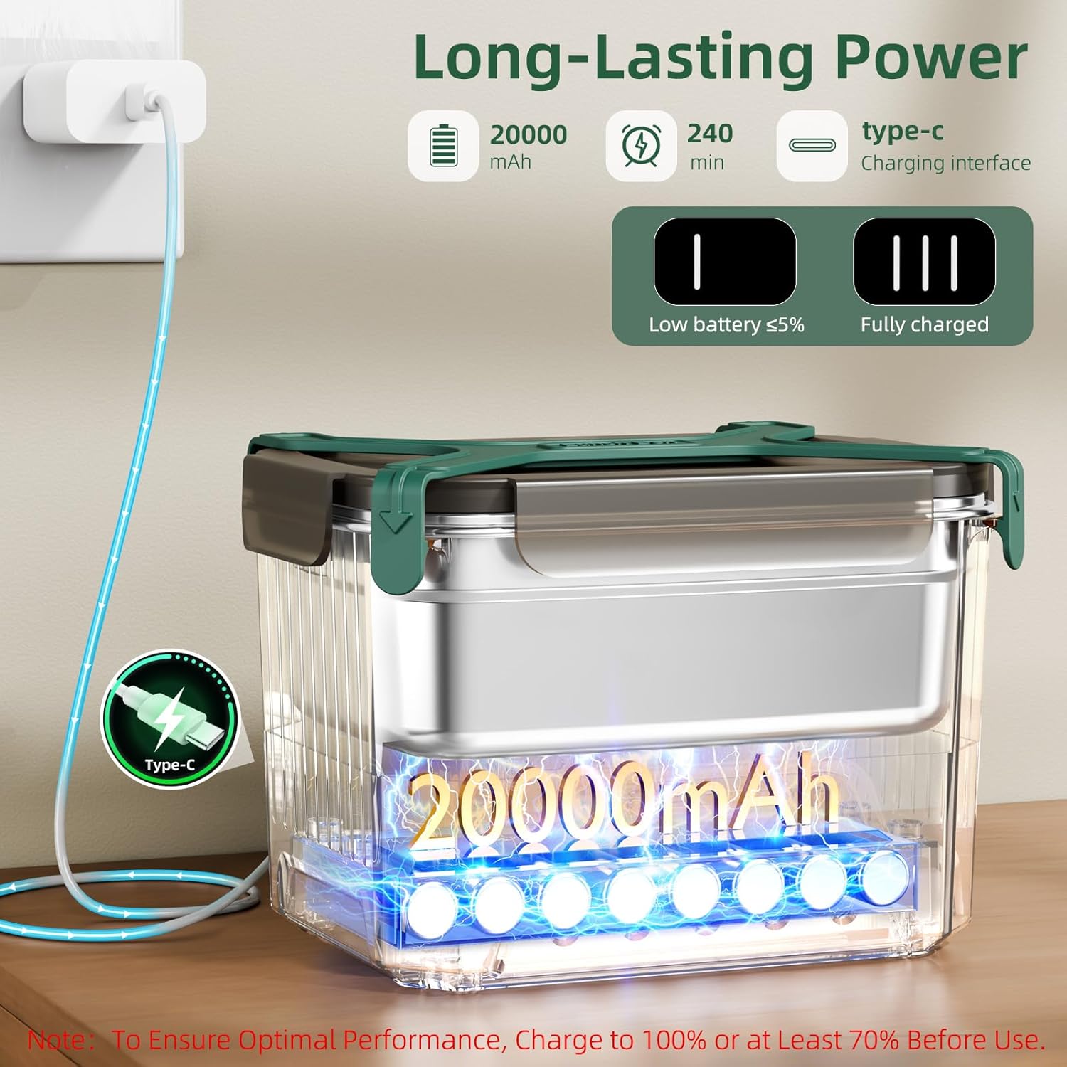 Cordless Electric Lunch Box for Adults, Heated Lunch Box 20000 mAh Battery Powered with Automatic Heating, 1.2L Portable Food Warmer, BPA Free - Image 2