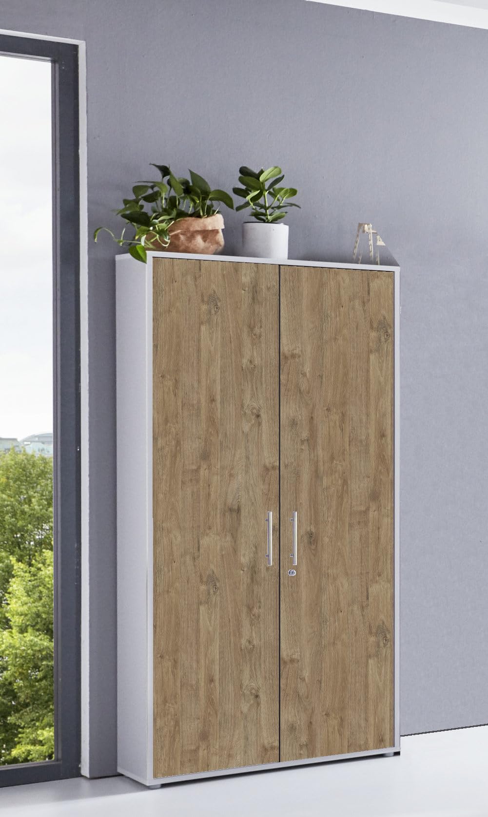 Schrankwand Office Edition abschliessbarer Aktenschrank Büroschrank Lichtgrau/Gold Harbor Oak Set 10