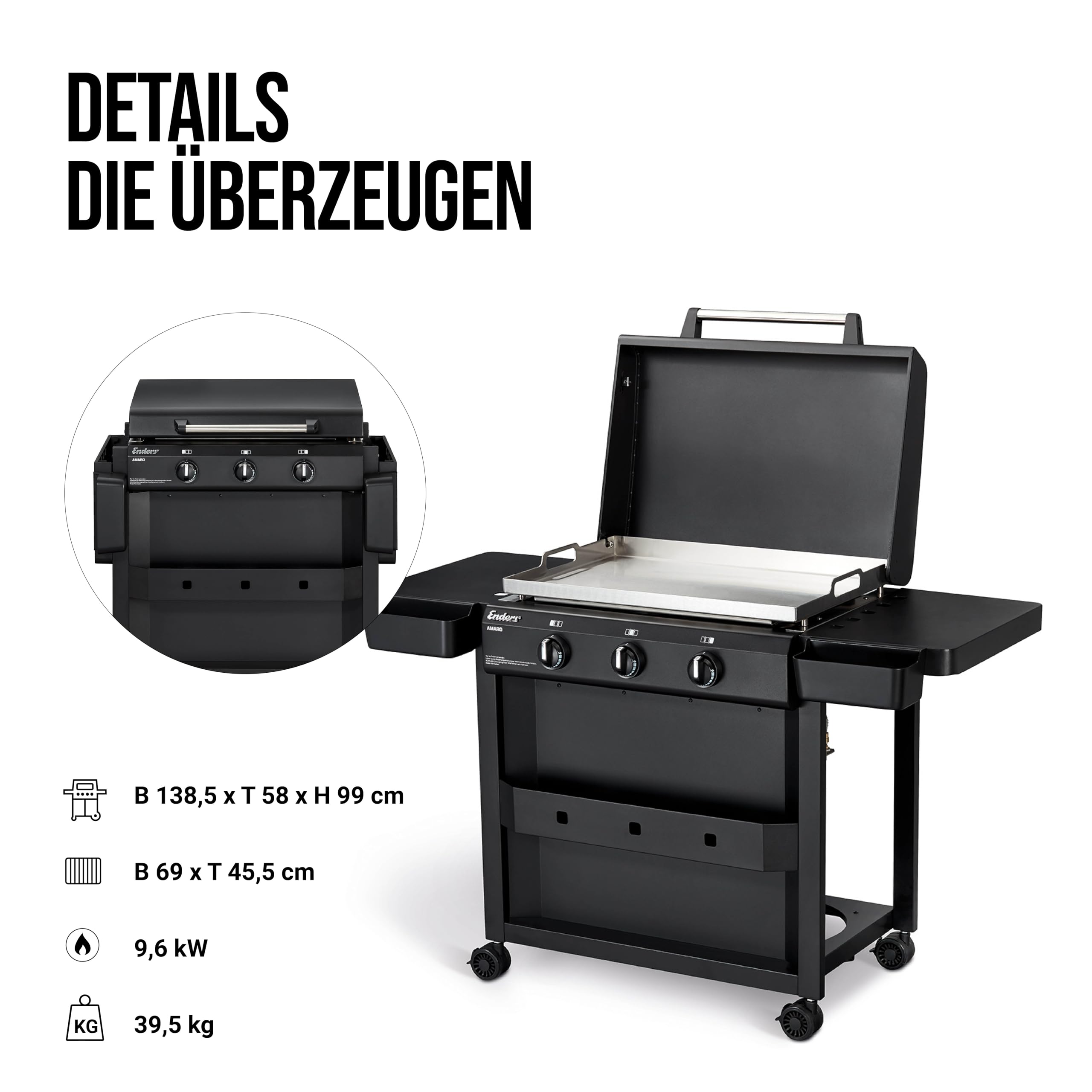 Enders AMARO 3 Plancha Gasgrill Griddle, 3 Edelstahlbrenner, massive Edelstahl-Plancha mit Tragegriffen, große Grillfläche, abnehmbare Haube, 4 Haken, abnehmbare Körbe, Ablagefach #82216