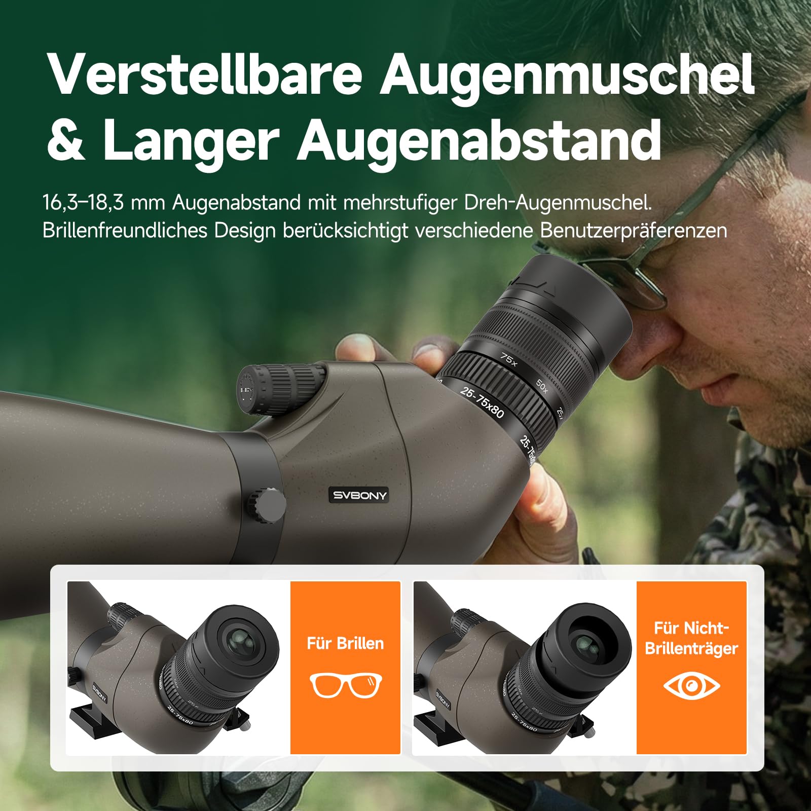 Svbony SV29 25-75x80mm Cannocchiale con attacco a coda di rondine e Treppiede, ampio campo visivo, prisma di Porro FMC, con adattatore per smartphone per tiro al bersaglio, birdwatching e osservazione