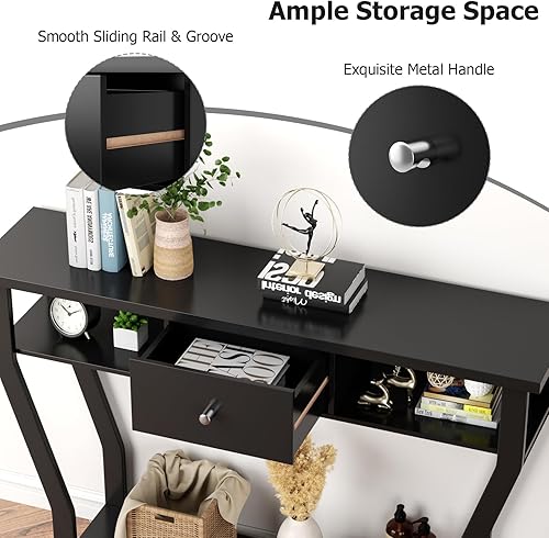 Miniatura 12 de Mesa consola estrecha de 47 pulgadas con cajón, acento de entrada de madera de 3 niveles con estantes abiertos, mesa de sofá multiusos para sala de