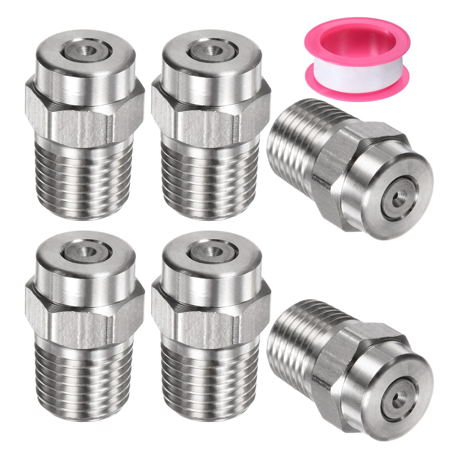 M METERXITY 6 Pack Surface Clean Tips - 0 Degree 1/4" NPT Male Pressure Washer Nozzles Cleaner Nozzle Replacement, Stainless Steel with Sealing Tape, Apply to Water Guns (1.07mm Orifice)