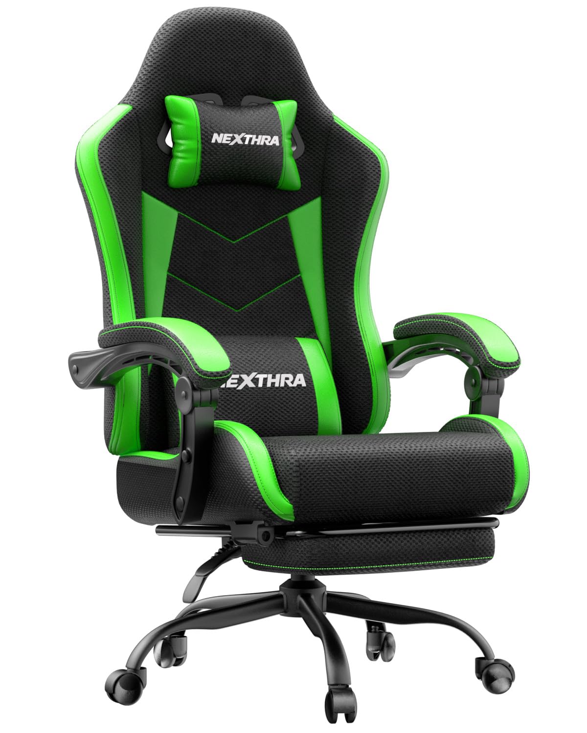 Nexthra Gaming Stuhl Bürostuhl Gaming Sessel mit höhenverstellbaren Linkage-Armlehnen, ergonomischer Gamer Stuhl mit Fußstütze, gepolstert Gaming Chair 150° neigbar bis 180 kg, Grün