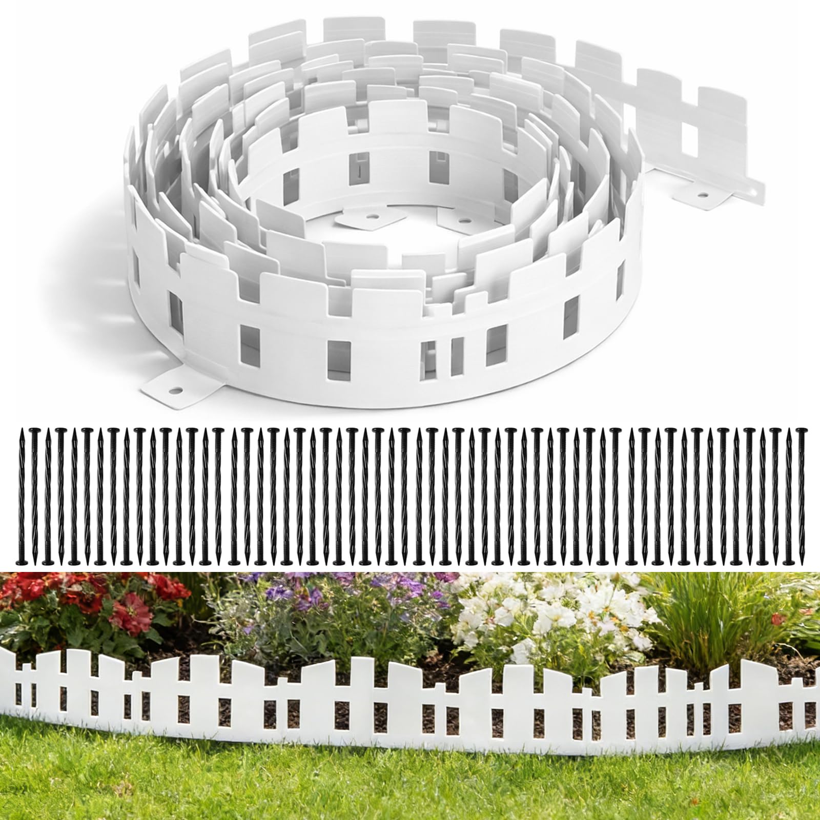 Bordure de pelouse flexible en plastique, 10 m (L) x 11 cm (H) - Bordure de pelouse en plastique - Bordure de pelouse - Bordure de pelouse - Bordure de pelouse - Avec 60 clous de fixation + 1 paire de