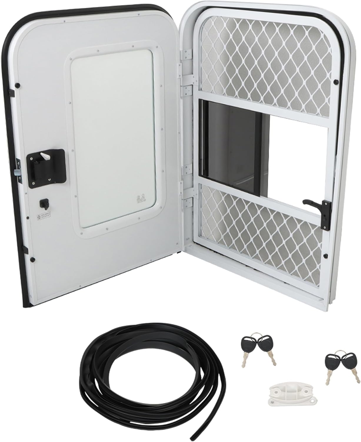 26(W) × 36(H) Driver RV Entry Door with Radius Corners on Top and Square Bottom with Screen Door and Window White