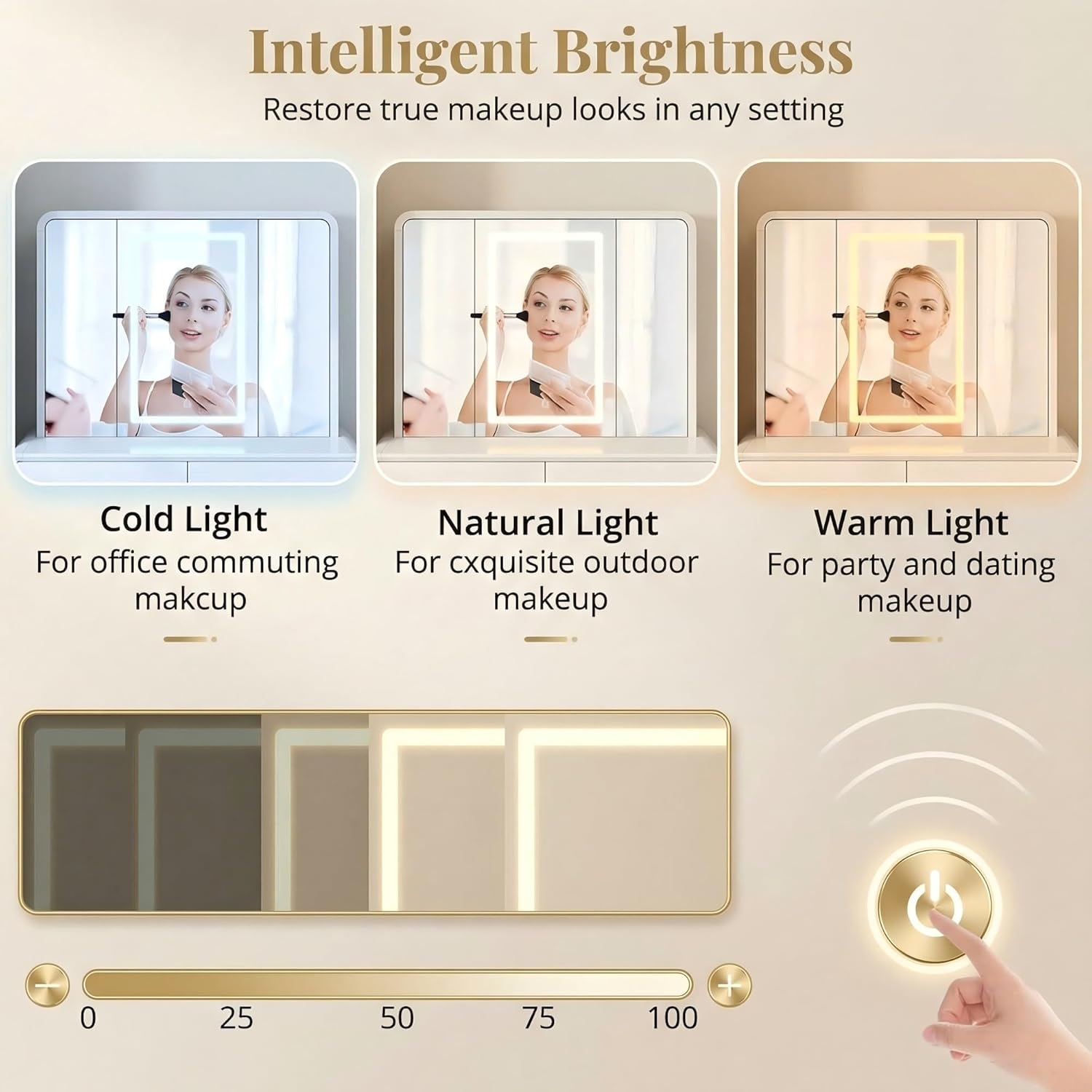 IRONCK Vanity Makeup Desk with 3-Sided Foldable LED Mirror, Create Your Glam Space with 9 Secret Storage Shelves, Built-in Charging, White Elegant Curved Dressing Table