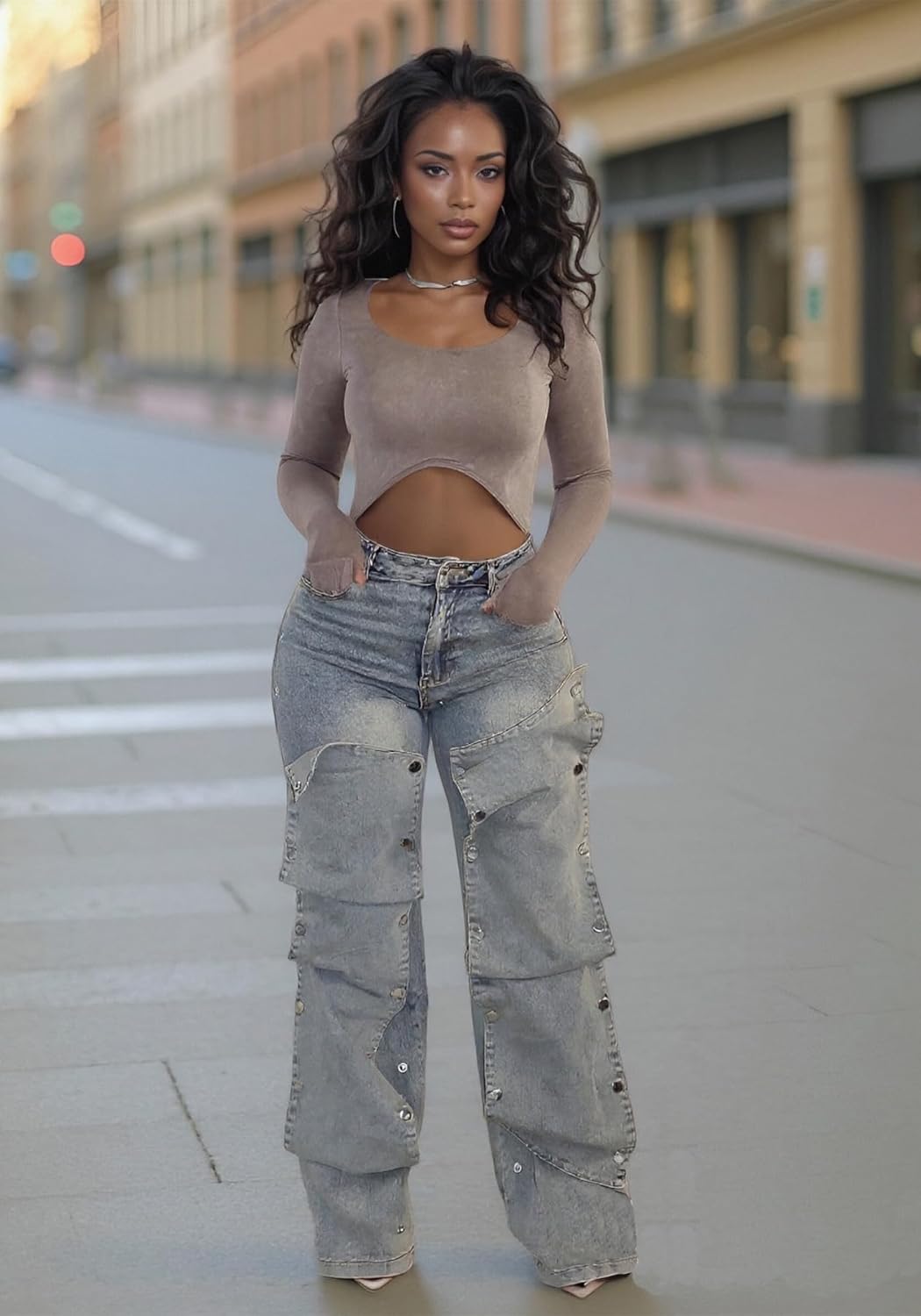 Tbahhir Baggy Cargo Jeans for Women Distressed Irregular High Waisted Wide Leg Boyfriend Y2K Denim Pants with Pockets - Image 6