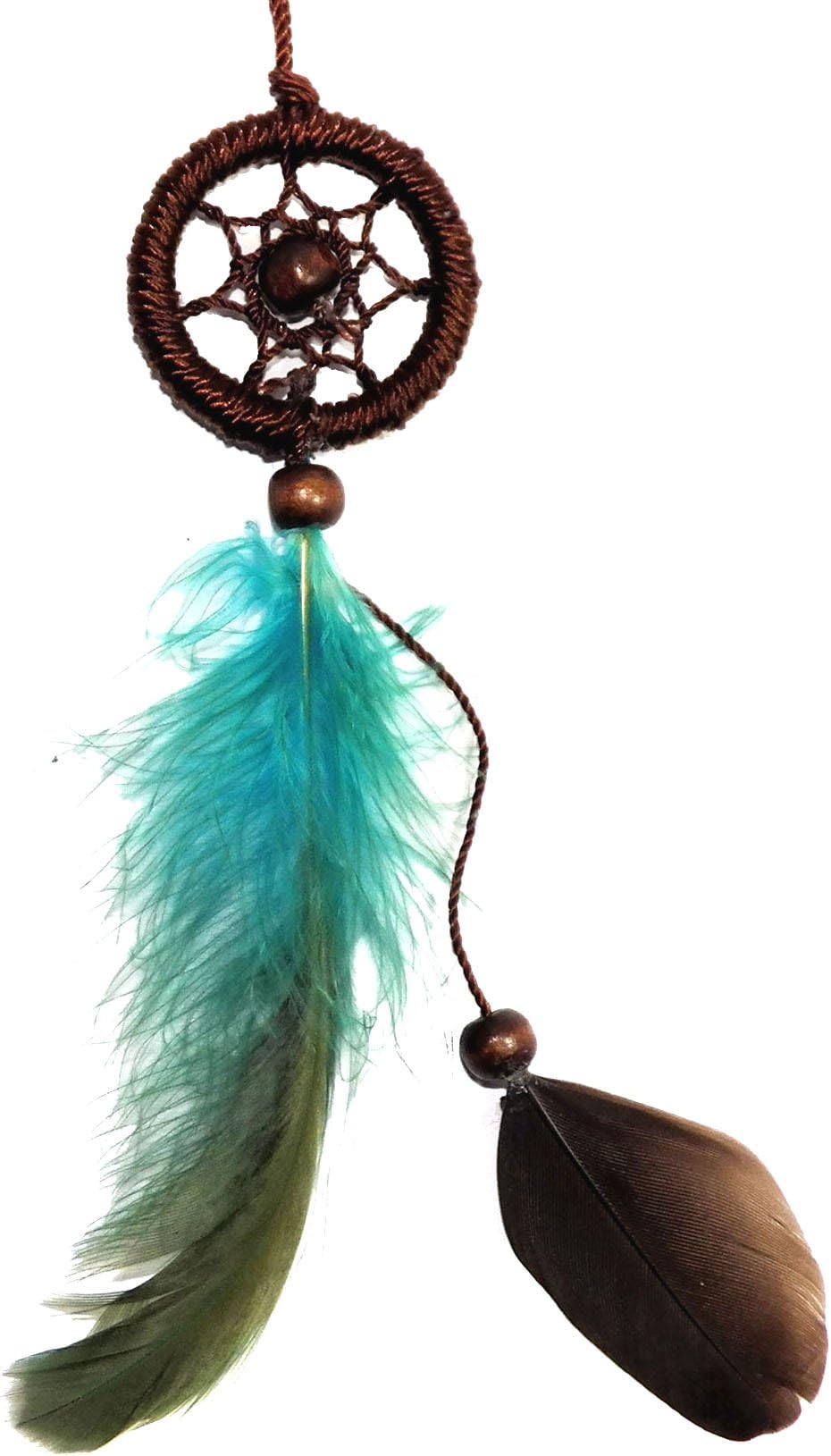 Dreamcatcher Necklace Brown Cotton Cord Wooden Beads Feather Handmade Bohemian (DC10008)
