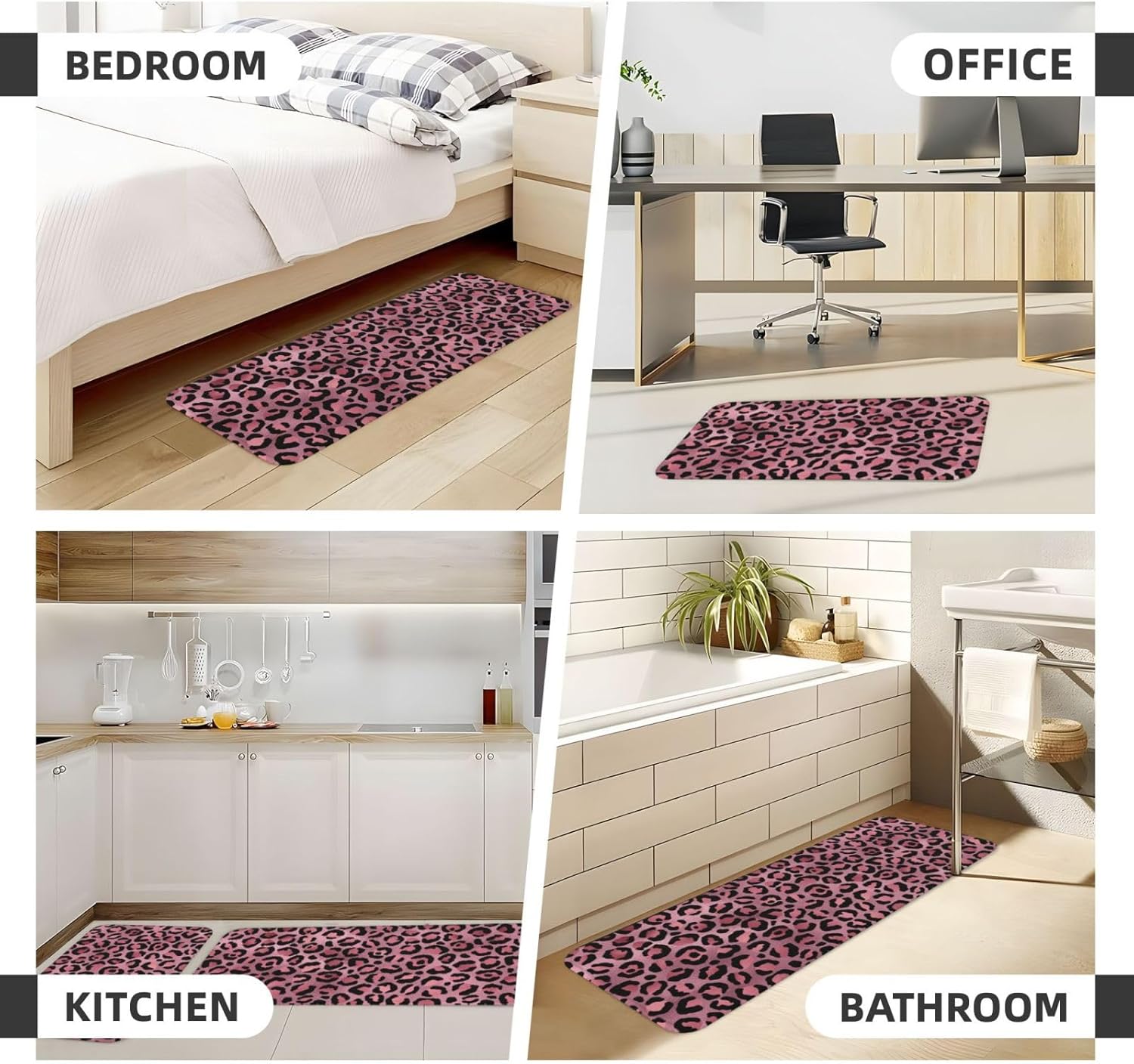Pink Leopard Print Kitchen Rugs Sets of 2 Non Slip Washable, Anti Fatigue Kitchen Mats for Floor, Home Decor