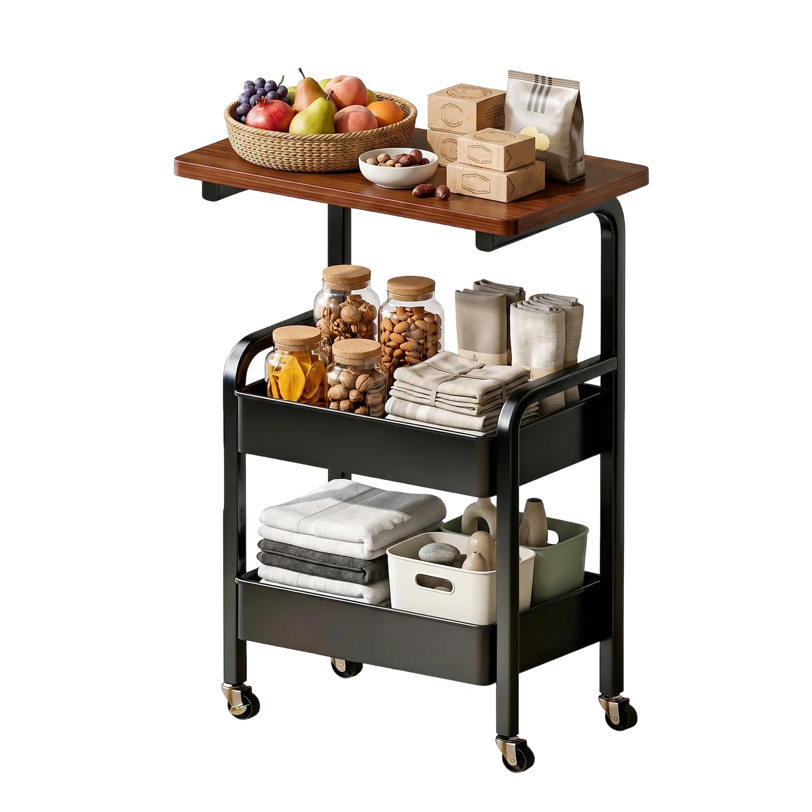 Carrito con ruedas de 3 niveles, carrito de cocina con ruedas, carrito de libros, carrito de servir, carrito de manualidades, carrito de metal con tablero de mesa, estante multifuncional para