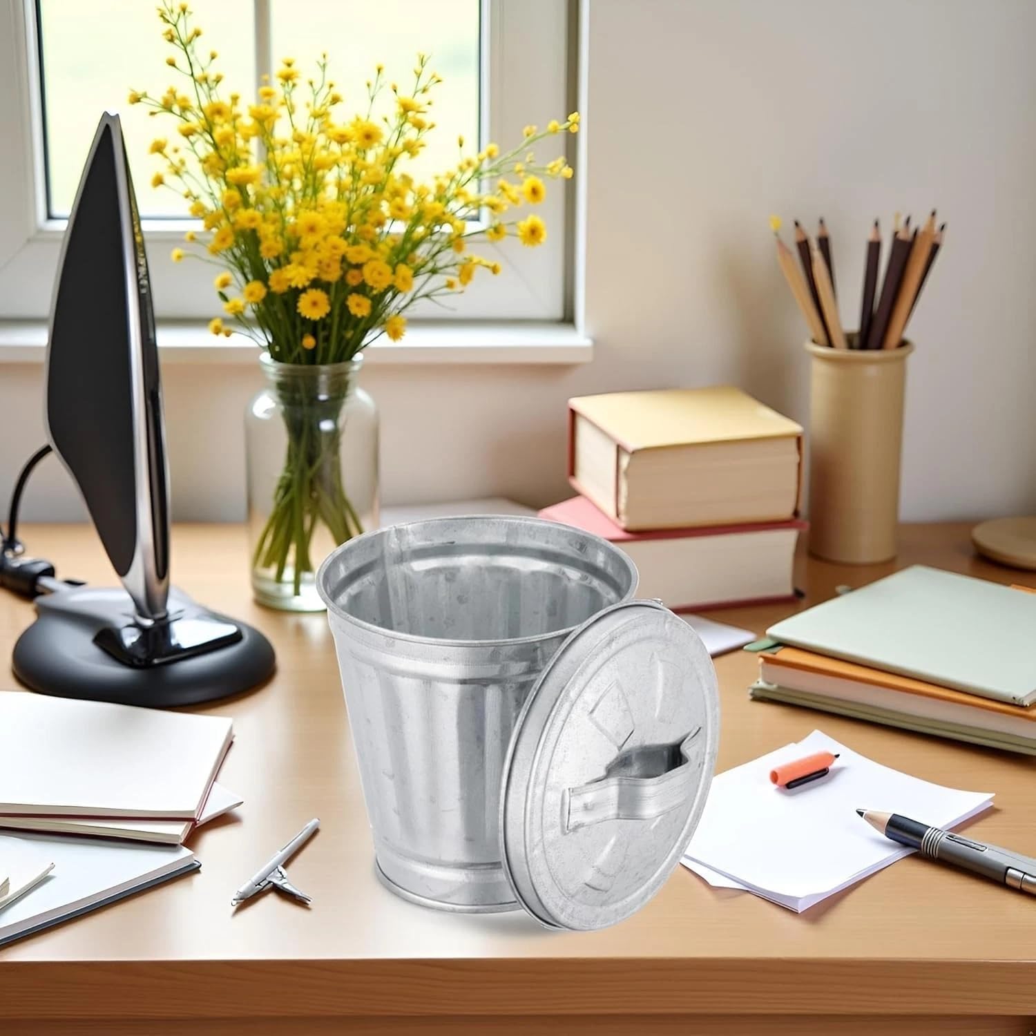 Silver Mini Galvanized Trash Can with Lid, 1 Pc Wastebasket Trash Can Small Metal Buckets Tabletop Trash Rubbish Bin Flower Pot Pen Holder, Wastebaskets, 3.74"