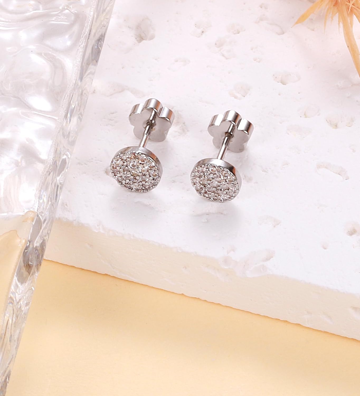 14K Gold Plated Small Stud Earrings for Girls Women Hypoallergenic Surgical Steel Cartilage Flat Back Stud Earrings CZ Cross Dot Bar Heart Handmade Screw Back Earrings Studs - Image 5