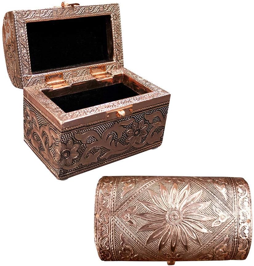 Vintage Jewelry Box Case | 9 Styles | Bronze or Silver Metallic Metal Plating with Floral Accent Designs | Perfect for Earrings Necklaces and Rings (Bronze Round Top (Small))