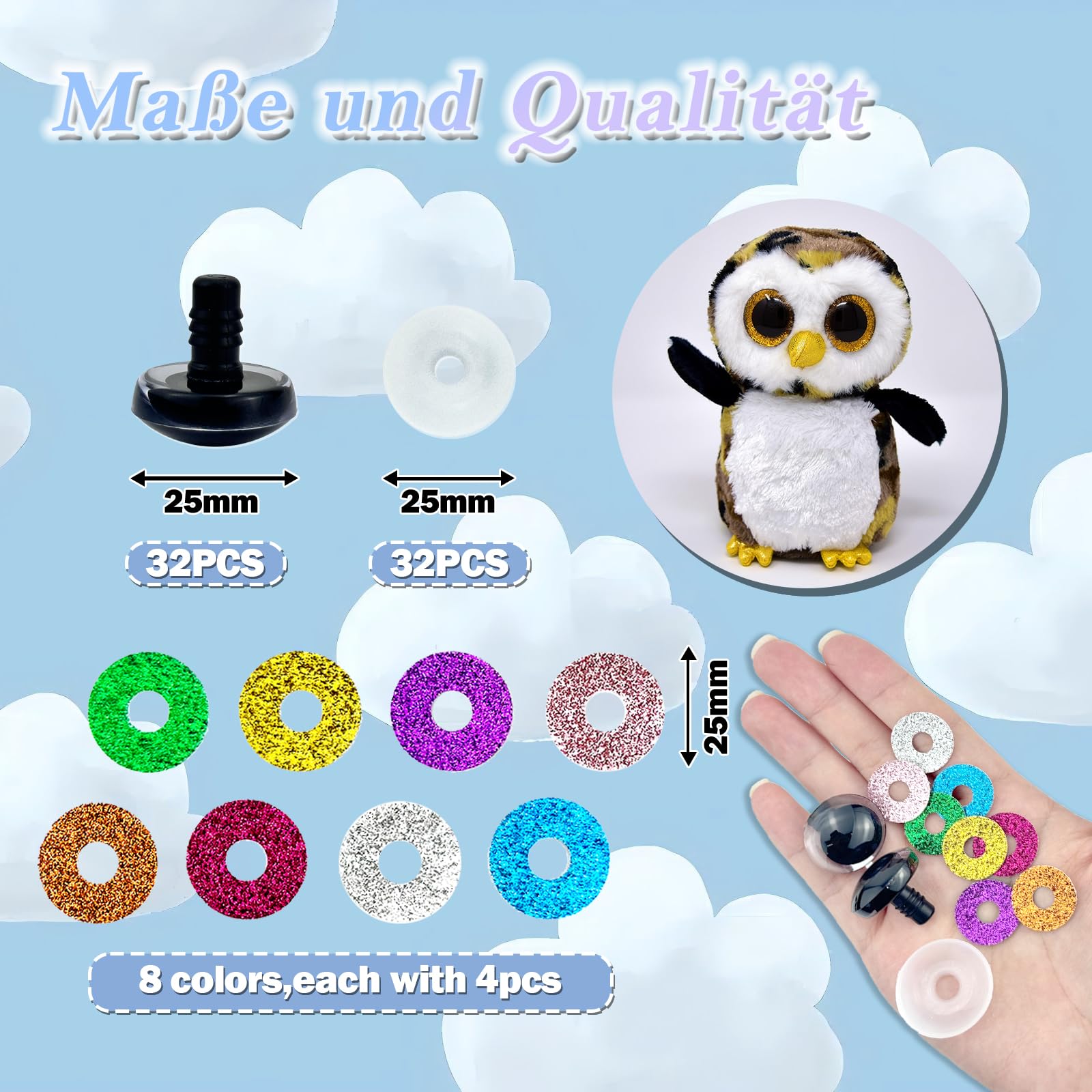 32 Yeux Sécurité 25mm Pour Peluches Crochet - Yeux Animaux En Plastique Multicolore - DIY Jouet Et Poupée