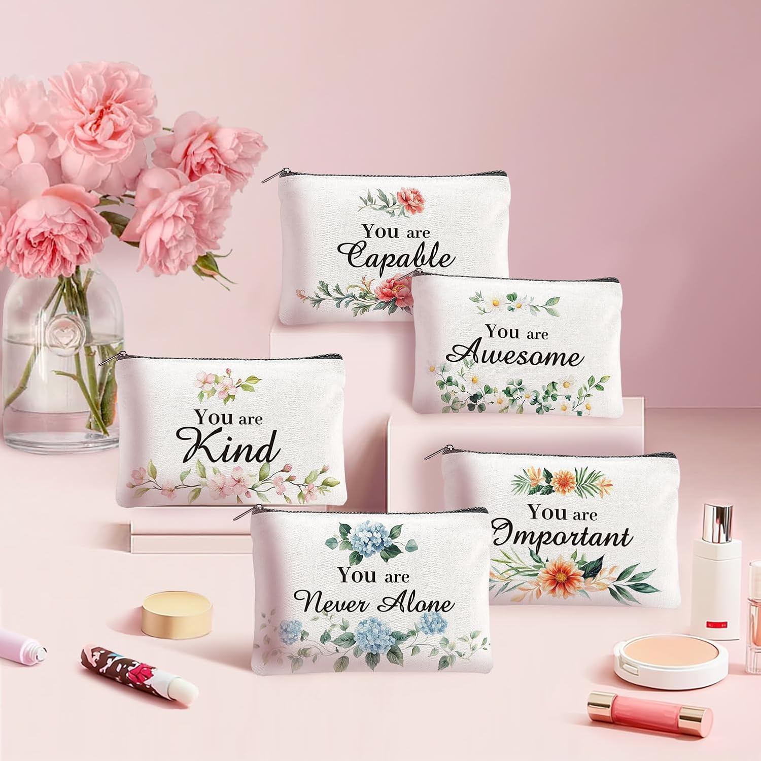 16PCS Flower Canvas Makeup Bags Bulk Inspirational Cosmetic Bags for Women Floral Multicolor Travel Pouch Bulk Makeup Organizer Bags for Christmas Friendgiving Friend Gifts