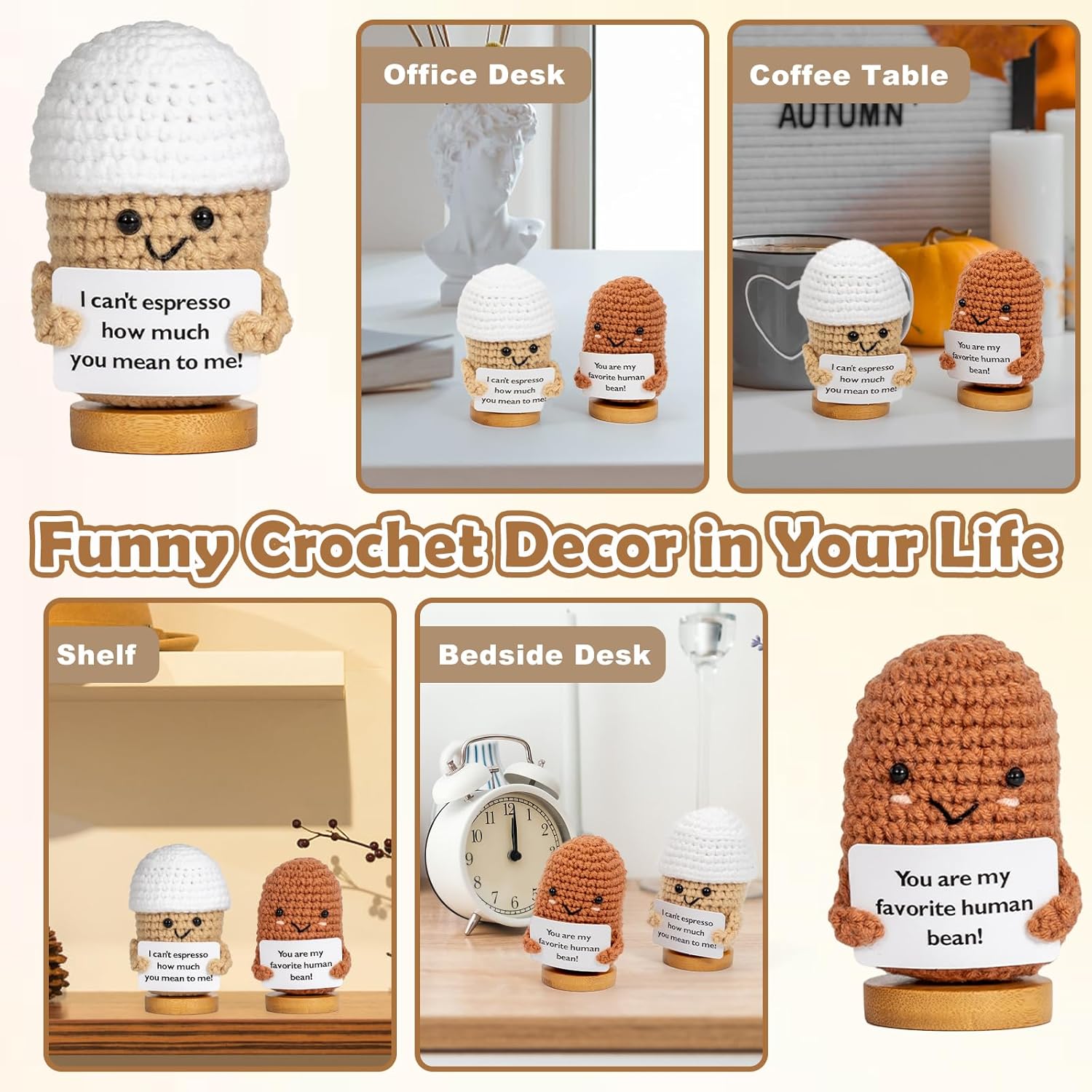 2 Pcs Coffee Gifts Mini Emotional Support Crochet Coffee Bean Set - Espresso Love And Favorite Human Bean, Cool Emotional Support Plush Gift for Latte Lover, Crochet Office Decor for Women Men - Image 6