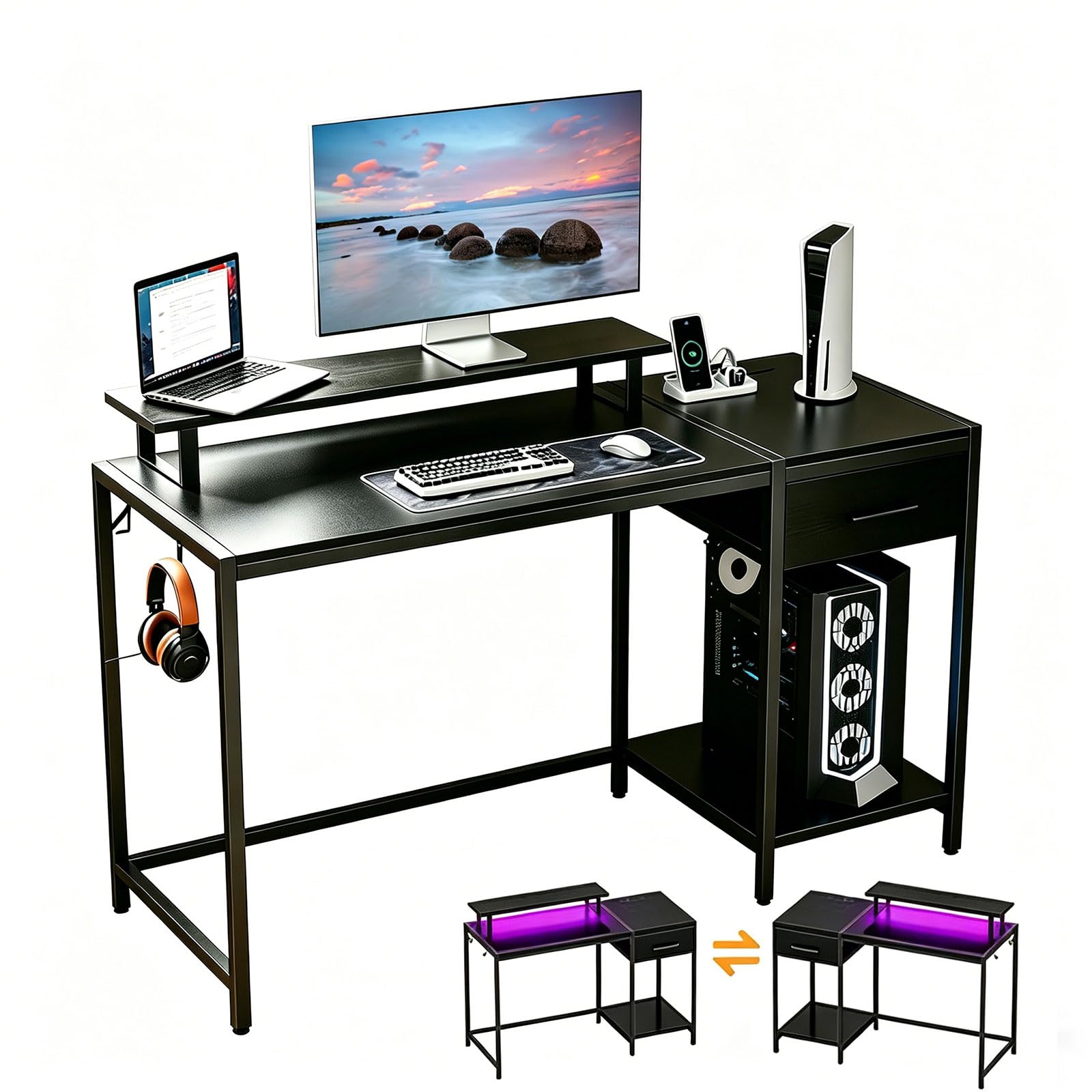 Lkeiyay Scrivania da gioco da 119,4 cm, con luci a LED e prese di corrente, colore: nero