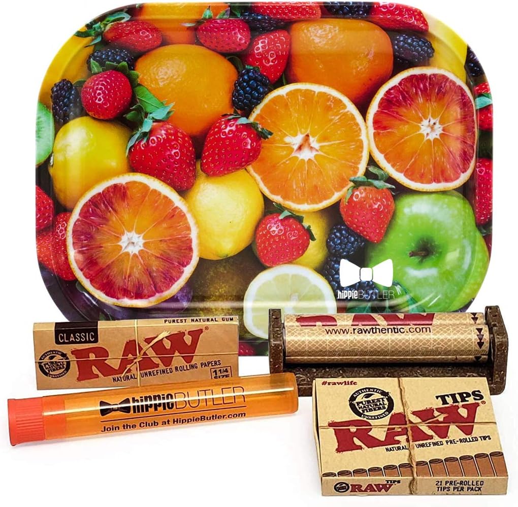 Bundle - 5 Items - Raw Classic 1 ¼ Rolling Papers, 79mm Roller, Pre-Rolled Tips with Hippie Butler Mini Rolling Tray (Fruit) and Hippie Butler Kewltube