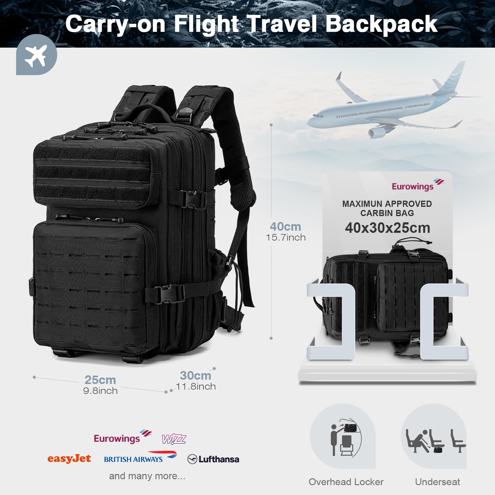 SPAHER Sac à Dos Tactique Militaire Multifonction Molle 30L Sac a Dos Voyage 40x30x25 Eurowings Bagage Cabine Sac à Dos Randonnée Trekking Crossfit Homme Peche Survie étanche Armée Backpack