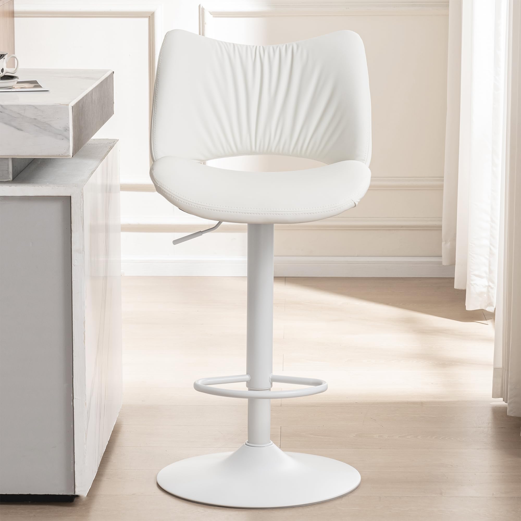 YOUNUOKE Kitchen Bar Stools, Adjustable Swivel Counter Height Barstool with Open Back, PU Leather Modern Breakfast Kitchen Stools, 136KG Support, 1 Pcs，White