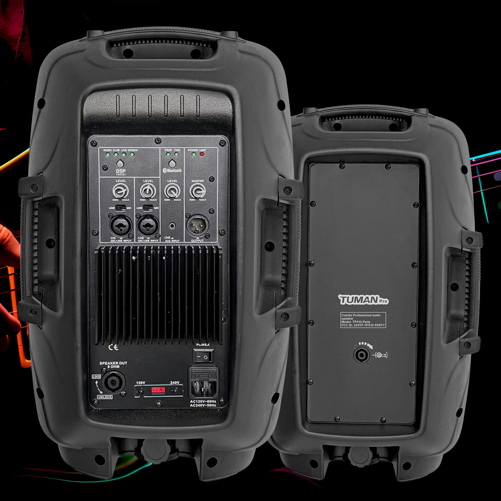 Sistema di altoparlanti PA da 10 pollici, 1200 W ad alta potenza, compatibile con Bluetooth attivo + passivo, altoparlanti per esterni, karaoke, radio FM, telecomando, 2 supporti per altoparlanti