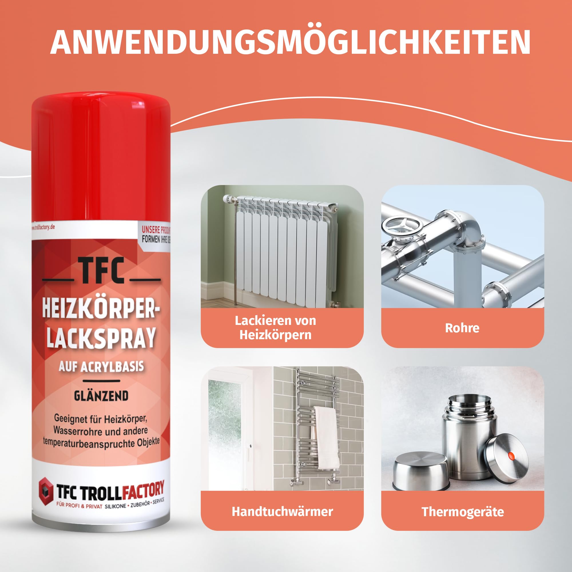 TFC lakier do grzejników w sprayu – błyszczący, czysta biel, spray na bazie akrylu do grzejników i rur wodnych, łatwe zastosowanie, doskonałe krycie, szybkoschnący i odporny na promieniowanie UV, 2 x