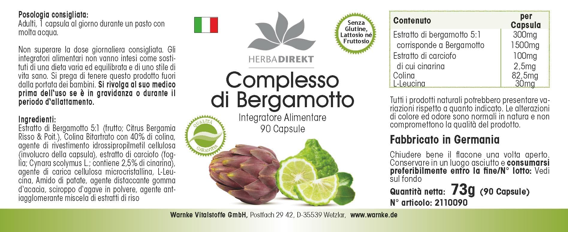 Complexe de Bergamote - 90 gélules avec artichaut et choline - fortement dosé - végan | Herba Direkt - Qualité des pharmacies allemandes