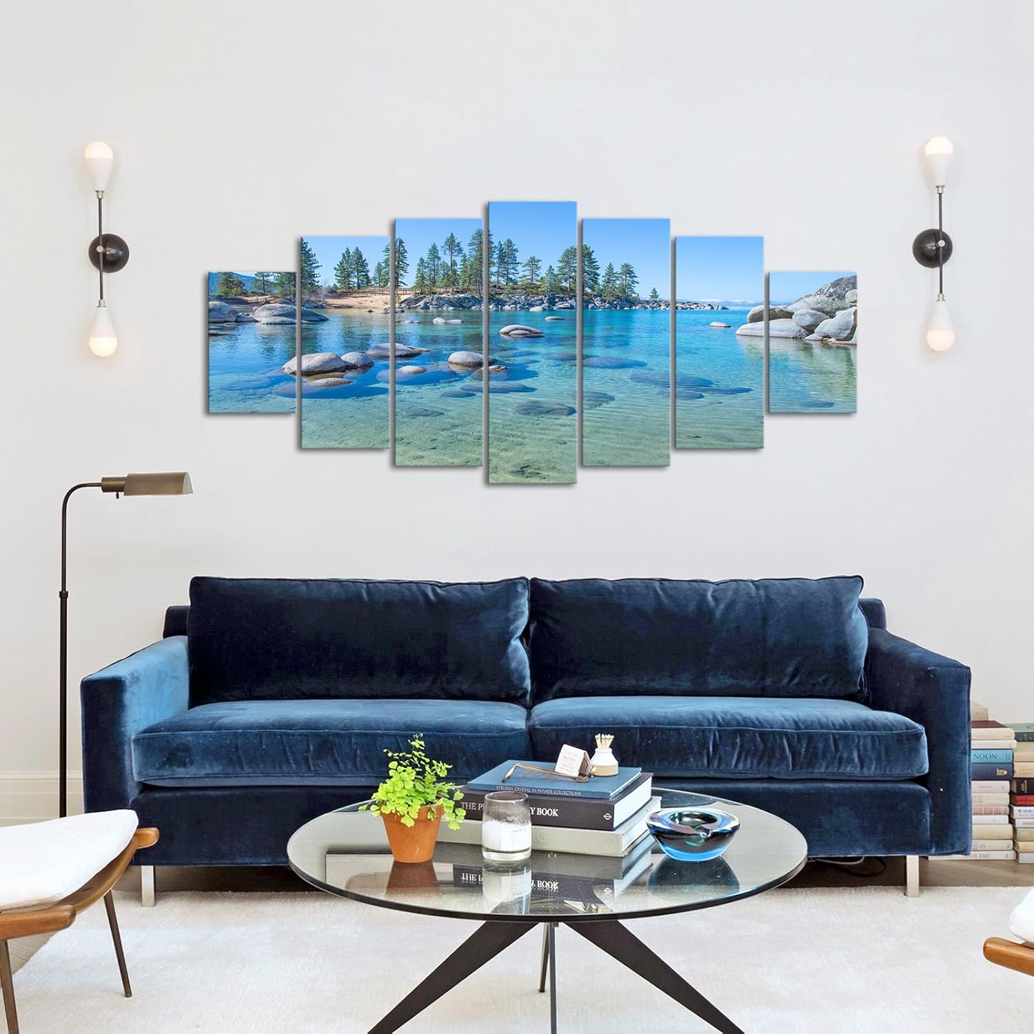 iKNOW FOTO 7-Piece Canvas Wall Art - Lake Tahoe Shoreline with Beautiful Blue Water - Stretched and Framed Nature Prints, Ready to Hang Modern California Landscape for Home Decor 70x32'' - Image 4