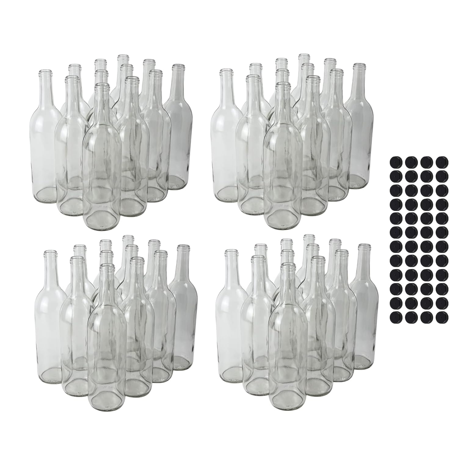 FastRack 750ml Glass Bordeaux Wine Bottle includes Black PLASTIC Caps - 4 Cases of 12 (48 Bottles) - Clear/Flint (Flat-Bottomed - SCREW TOP)