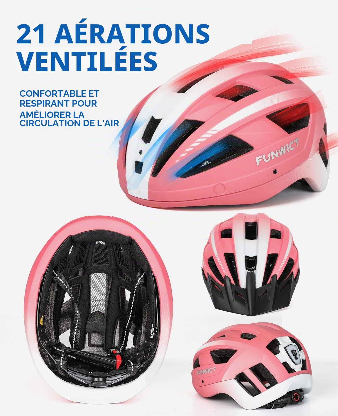 Casque Velo Homme Femme avec Visiere et Lunettes Détachables, Casque Vélo Casques VTT avec Feu Arrière à LED Rechargeable, Casque Cyclisme pour Adulte et Adolescent (M: 54-58 cm, Rose)