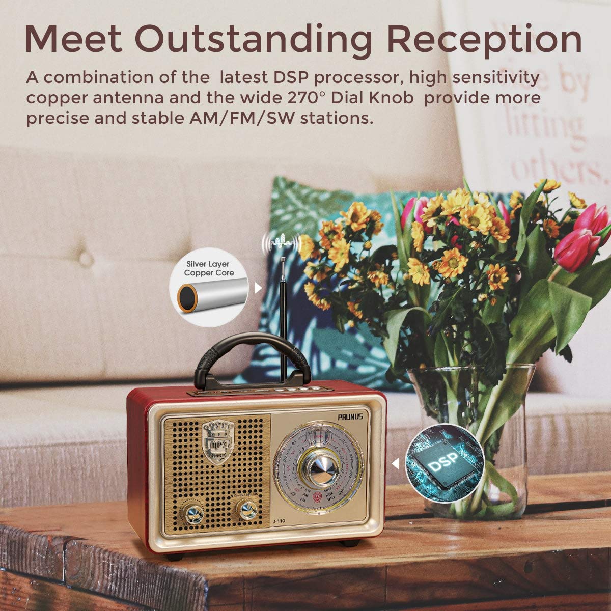 Radio Portatile Vintage PRUNUS J-150 - FM/AM/SW Con Bluetooth, Batteria 1200mah - Design Retro Per Casa E Outdoor