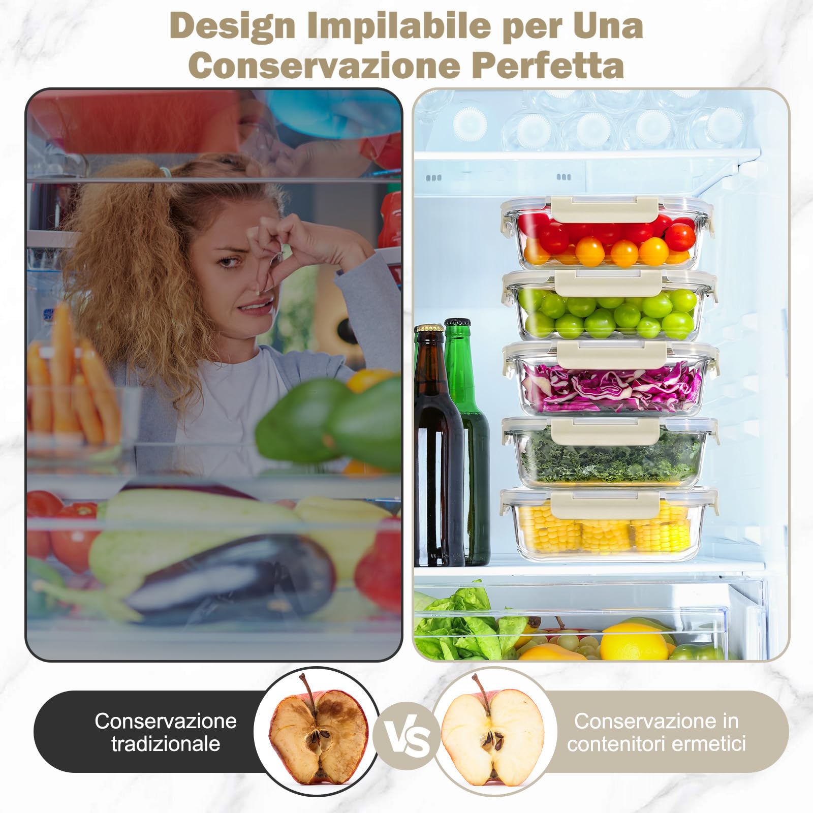 YASHE Set 10 Contenitori Vetro per Alimenti con Coperchi Ermetici, Senza BPA, Adatti a Microonde, Forno, Frigo e Congelatore, per Meal Prep, Bianco