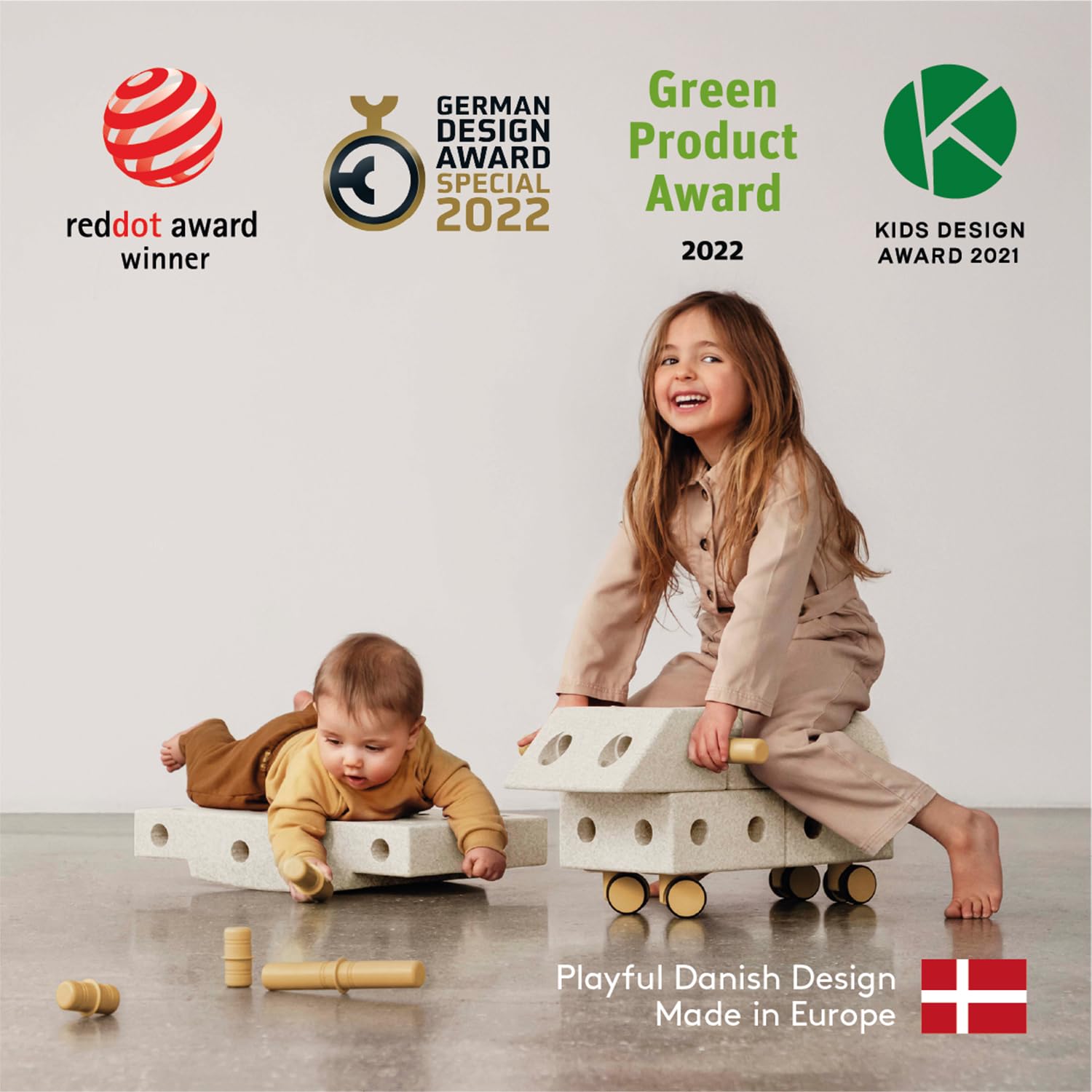 Zabawka marki Modu. Model 20-częściowy. Zestaw startowy Modu Playsystem Explorer von 0-6 Jahre - piaskowy szary/miód Yello